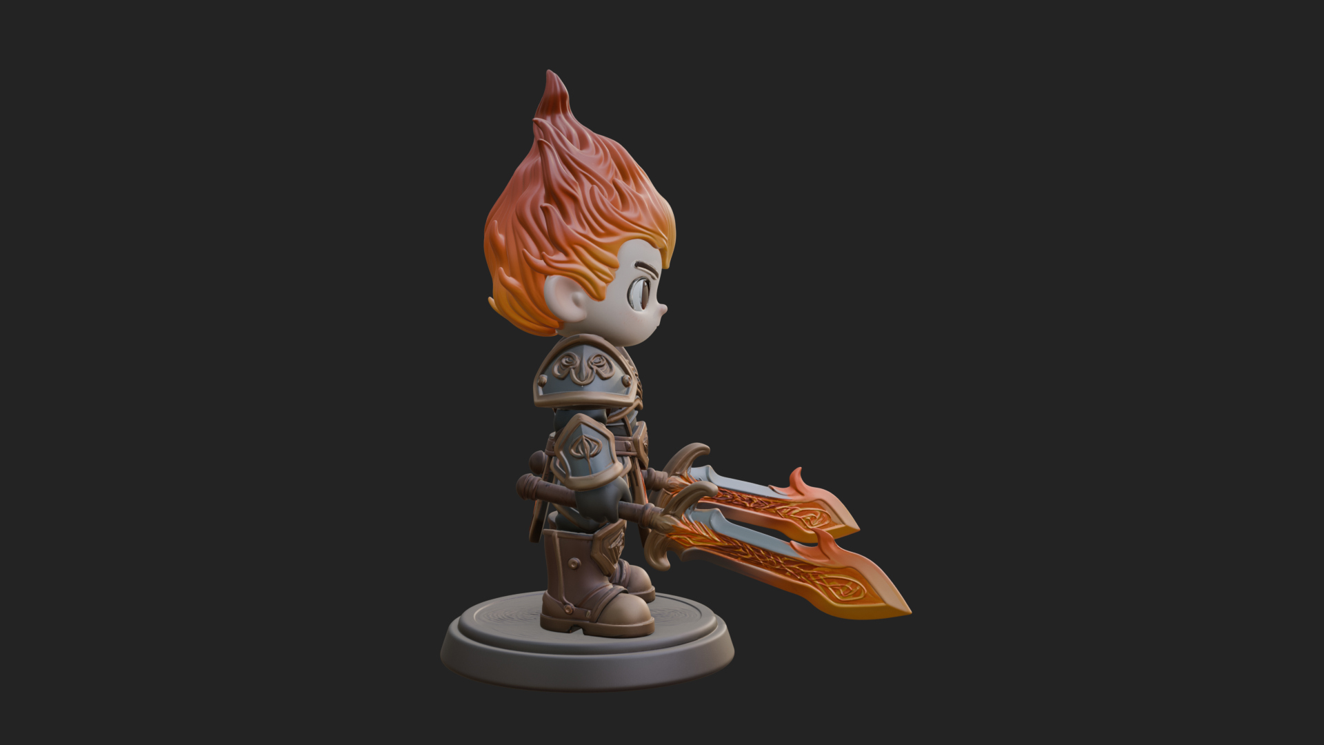 Chibi Flame Hair Swordsman Statue Design 1 3D Print Model 3D Model