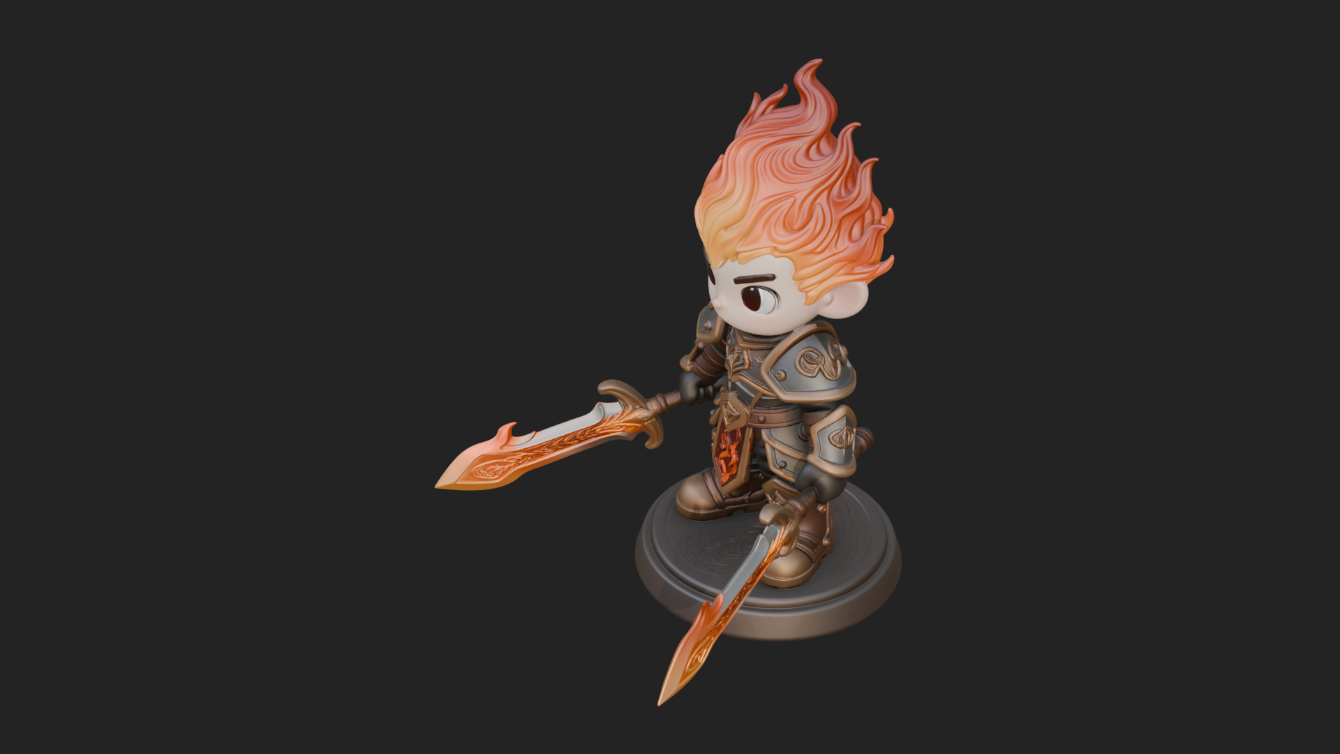 Chibi Flame Hair Swordsman Statue Design 1 3D Print Model 3D Model