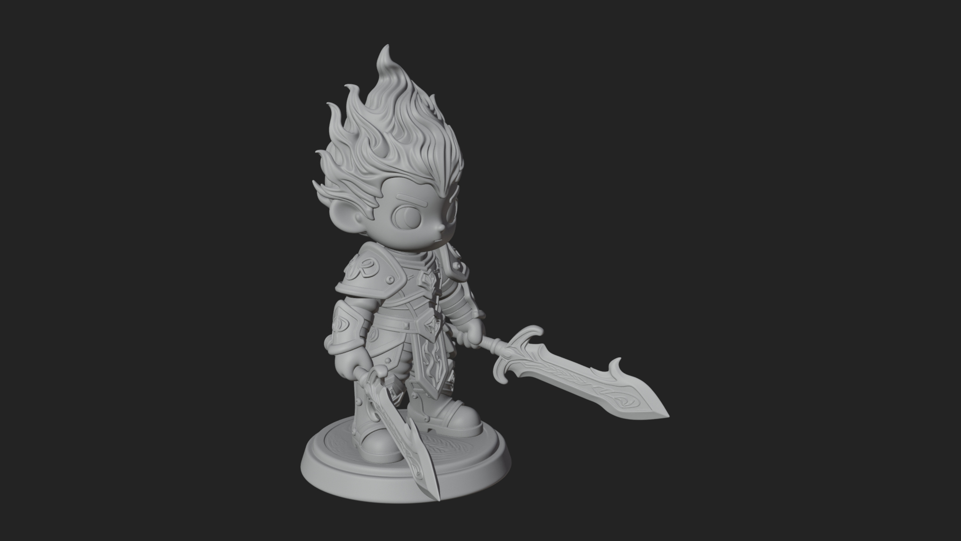 Chibi Flame Hair Swordsman Statue Design 1 3D Print Model 3D Model