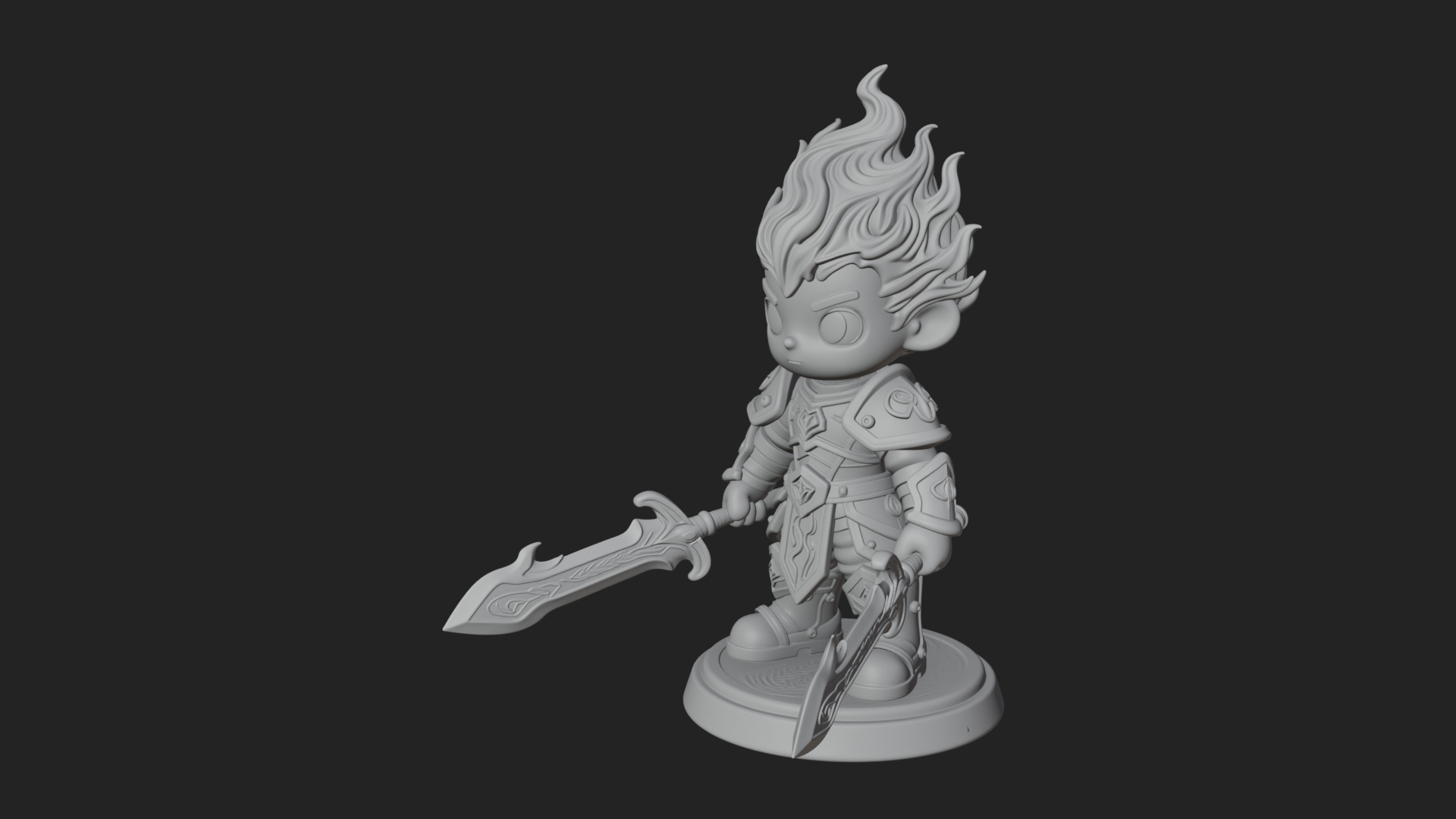 Chibi Flame Hair Swordsman Statue Design 1 3D Print Model 3D Model