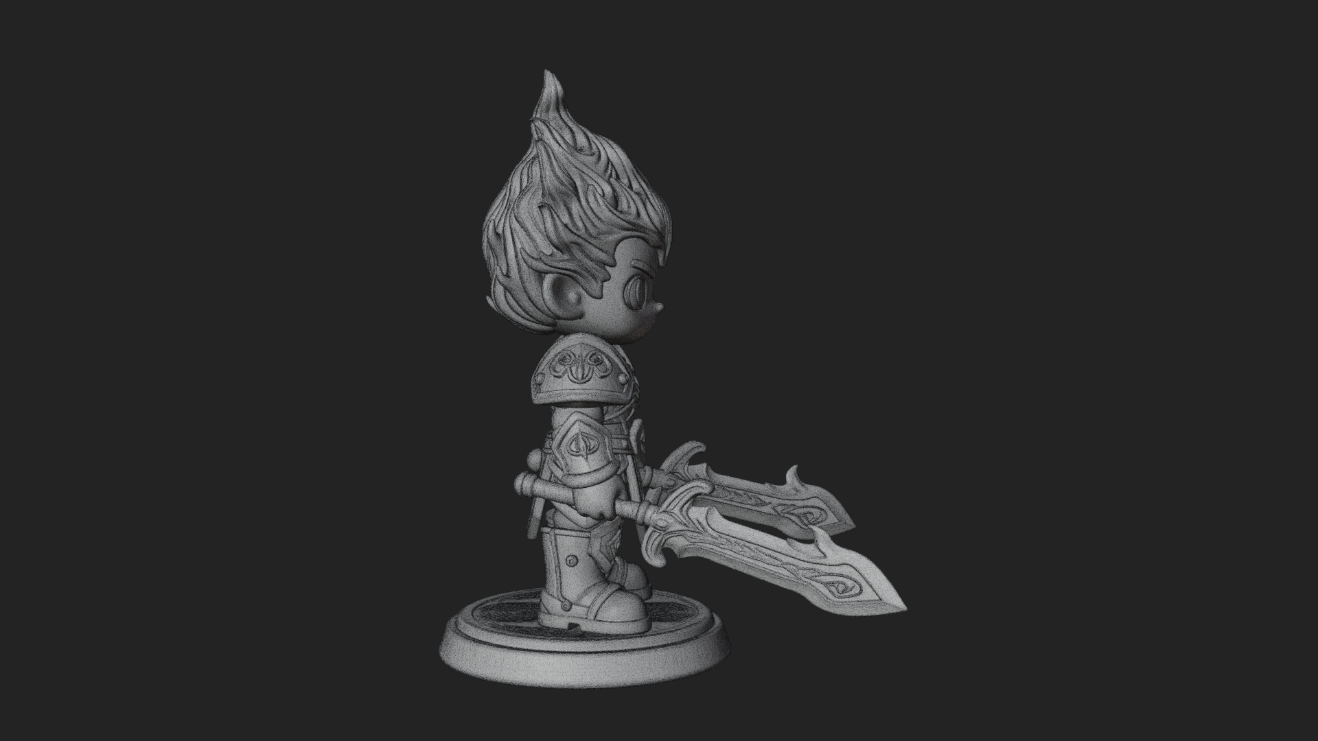 Chibi Flame Hair Swordsman Statue Design 1 3D Print Model 3D Model