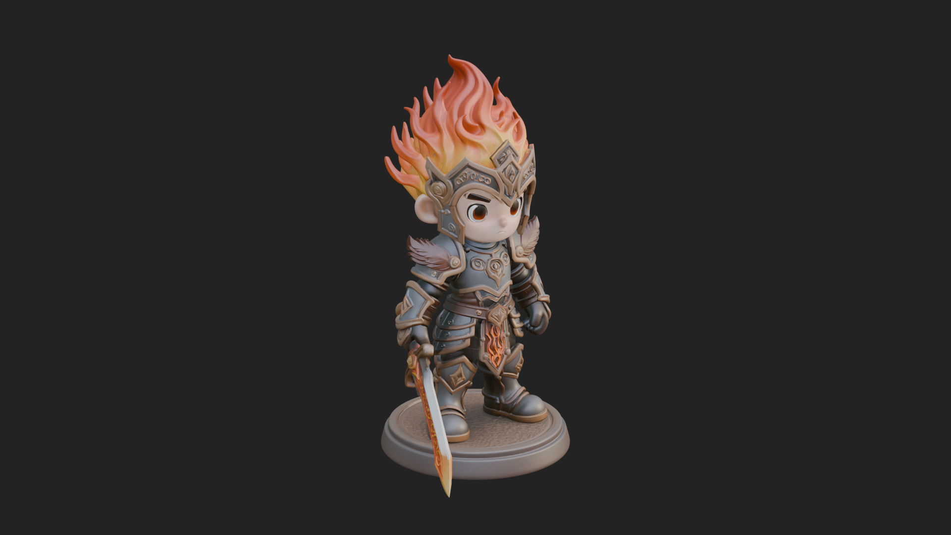 Chibi Flame Hair Swordsman Statue Design 2 3D Print Model 3D Model