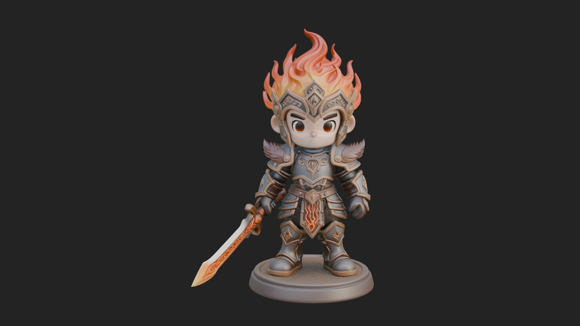 Chibi Flame Hair Swordsman Statue Design 2 3D Print Model 3D Model