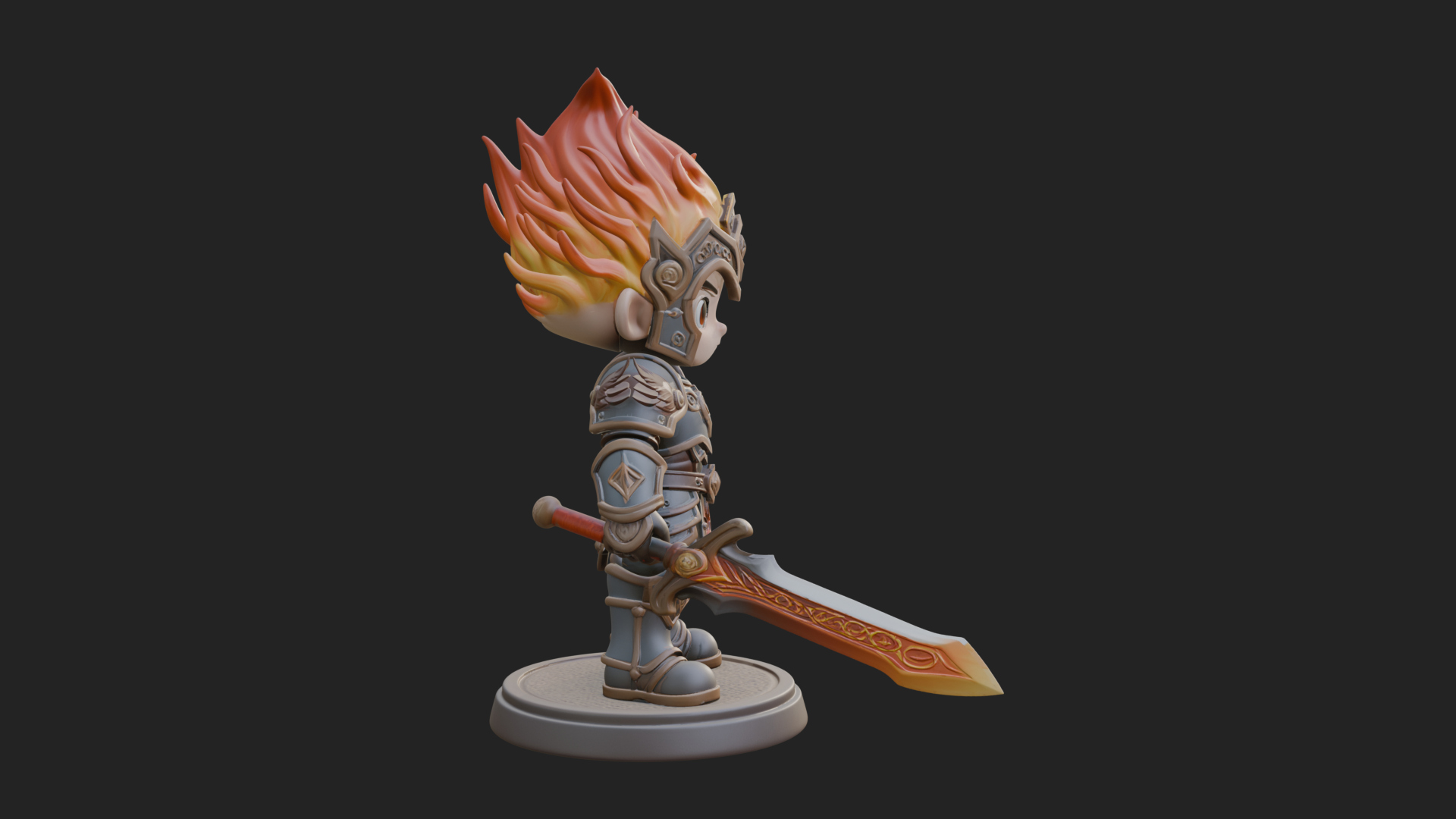 Chibi Flame Hair Swordsman Statue Design 2 3D Print Model 3D Model