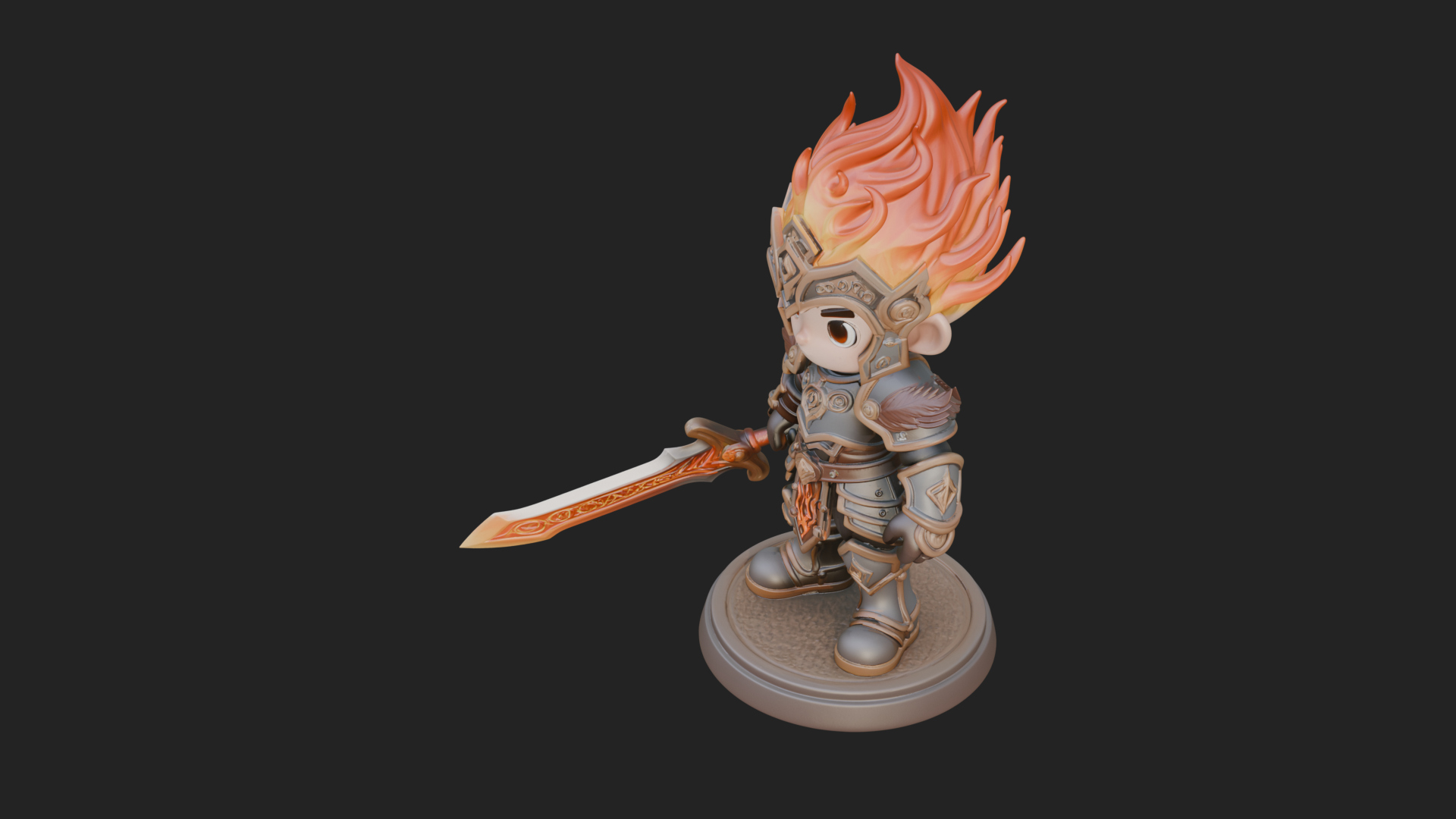 Chibi Flame Hair Swordsman Statue Design 2 3D Print Model 3D Model