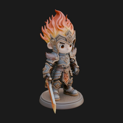 Chibi Flame Hair Swordsman Statue Design 2 3D Print Model