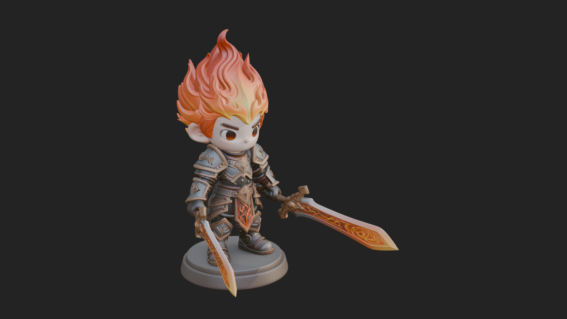 Chibi Flame Hair Swordsman Statue Design 3 3D Print Model 3D Model
