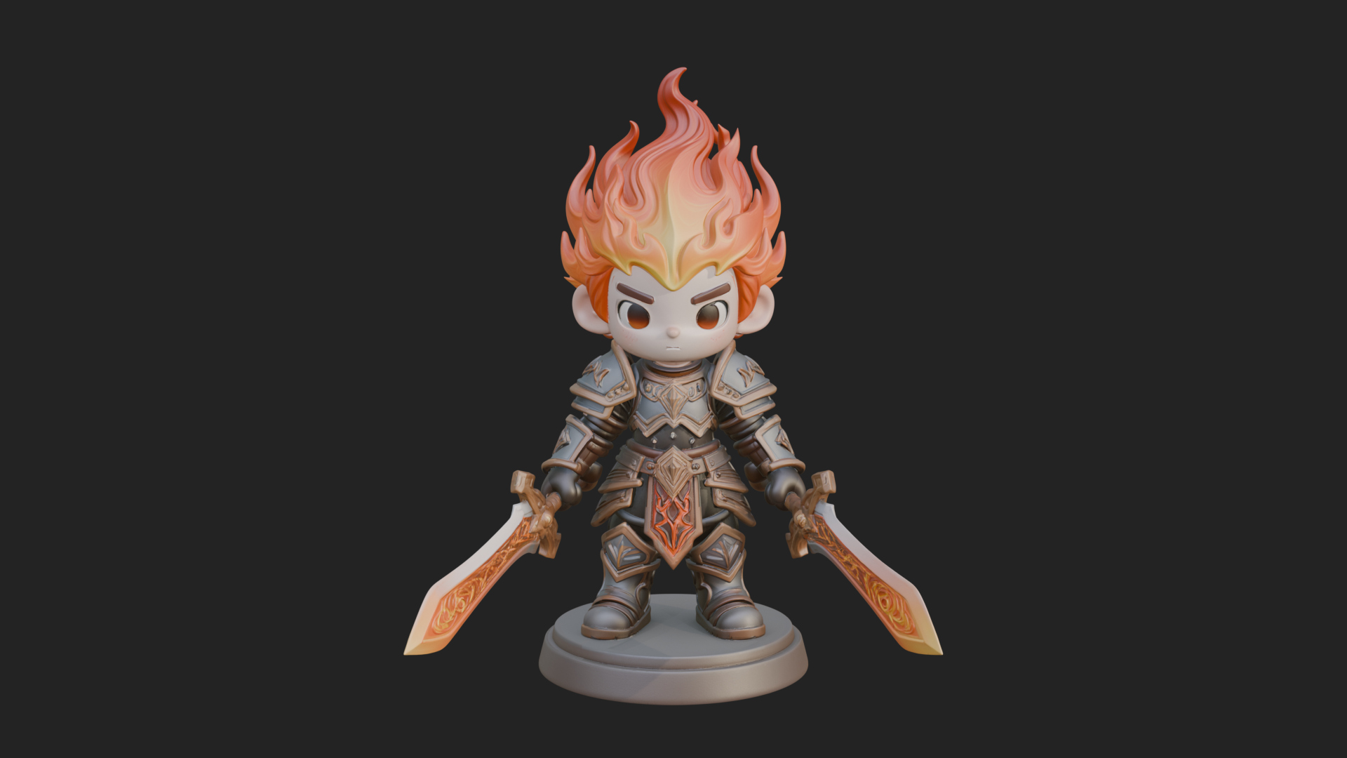 Chibi Flame Hair Swordsman Statue Design 3 3D Print Model 3D Model