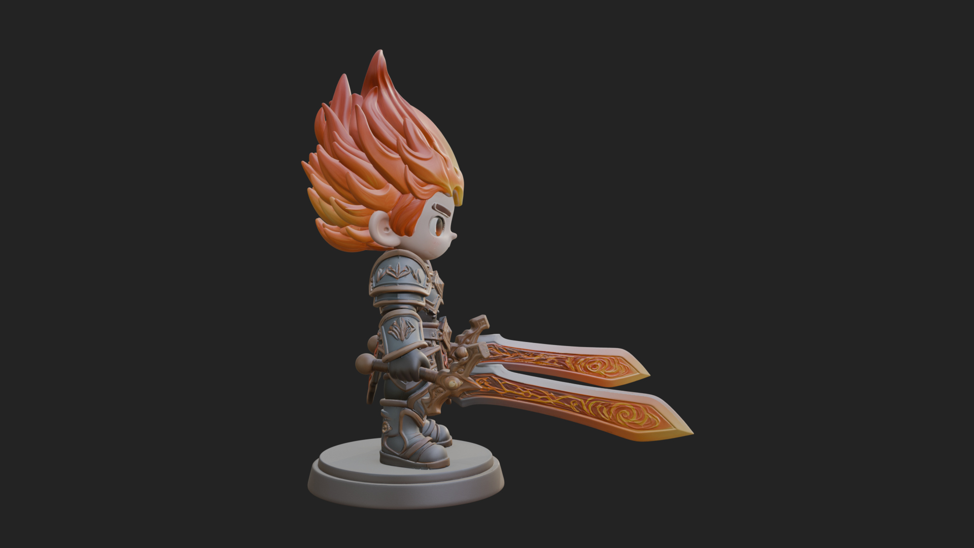 Chibi Flame Hair Swordsman Statue Design 3 3D Print Model 3D Model