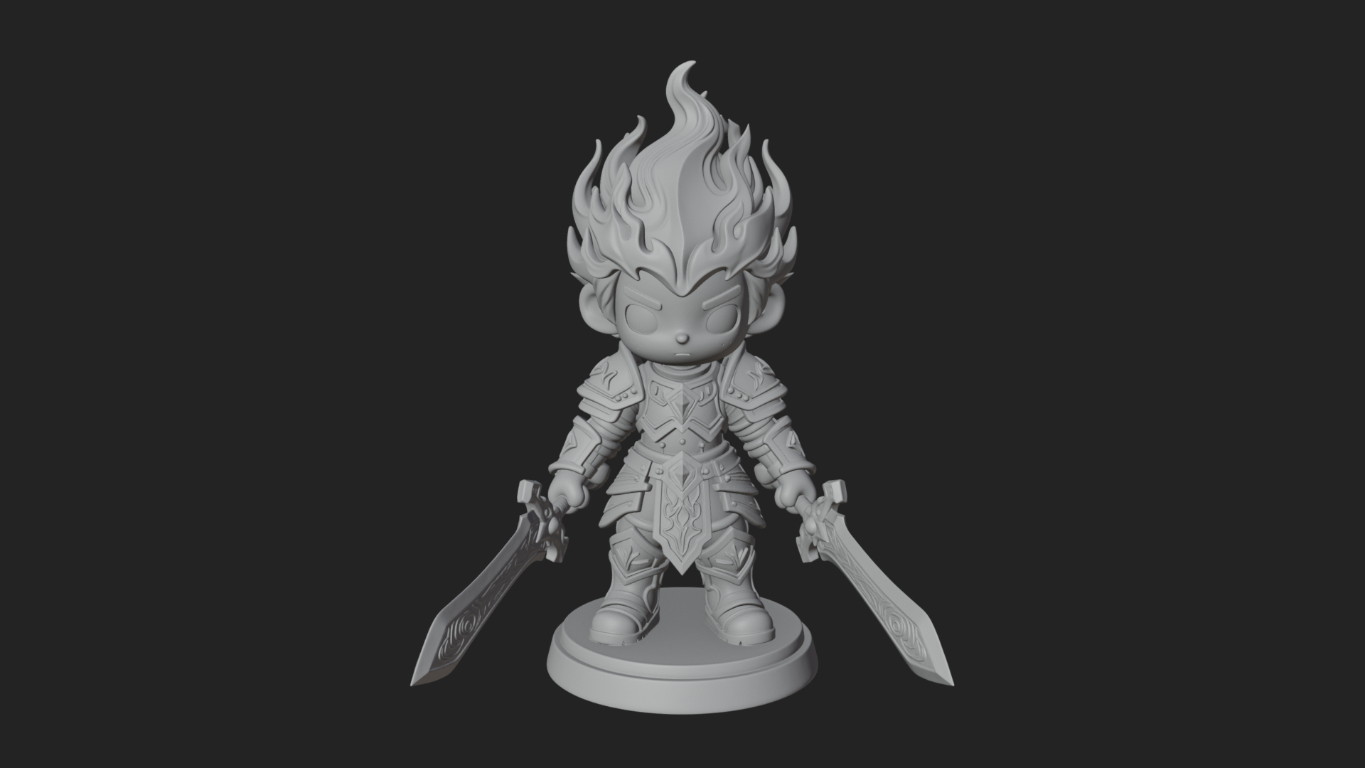 Chibi Flame Hair Swordsman Statue Design 3 3D Print Model 3D Model