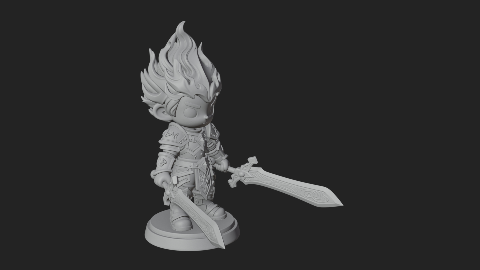 Chibi Flame Hair Swordsman Statue Design 3 3D Print Model 3D Model