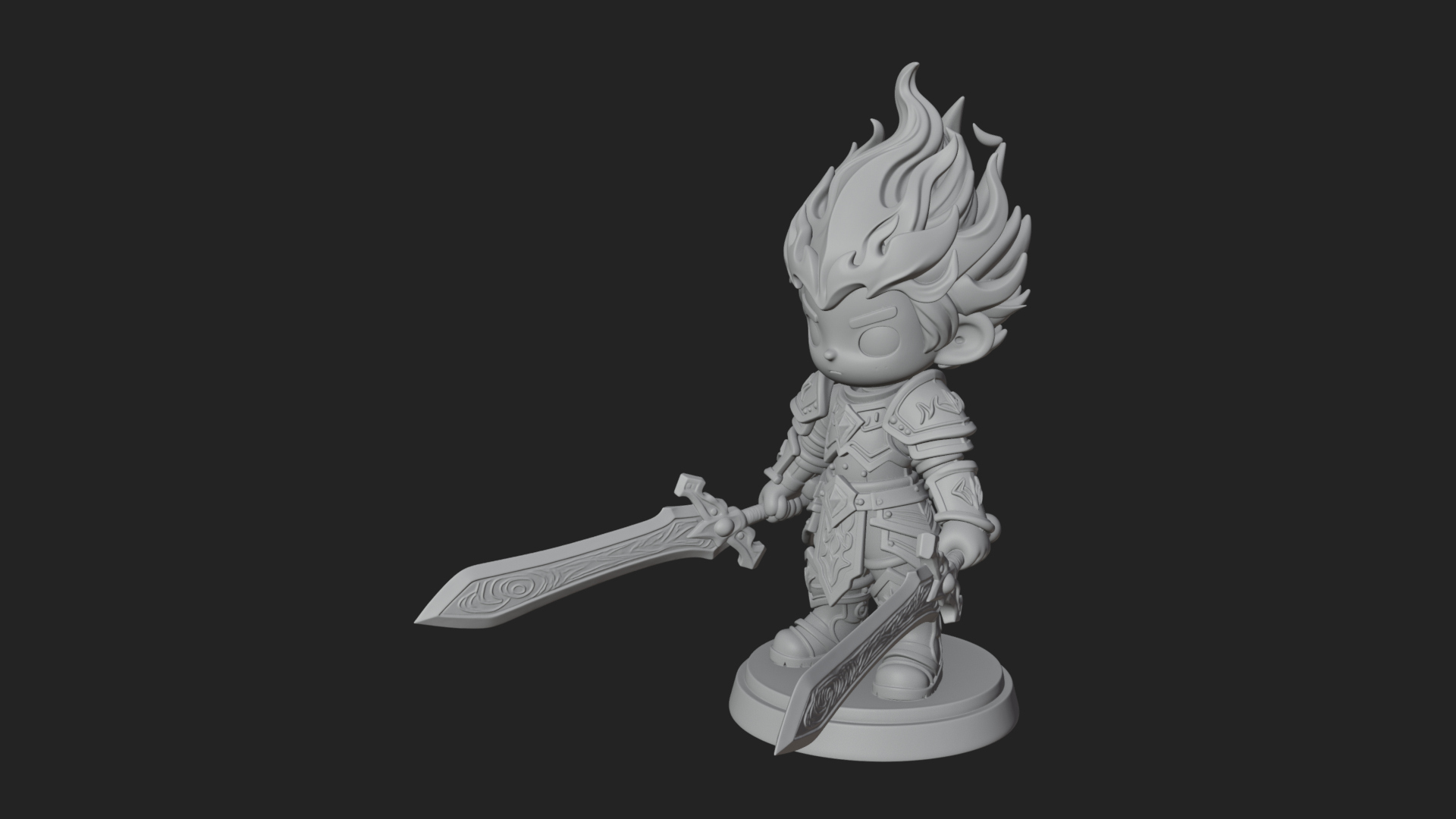 Chibi Flame Hair Swordsman Statue Design 3 3D Print Model 3D Model
