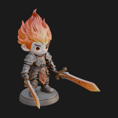 Chibi Flame Hair Swordsman Statue Design 3 3D Print Model