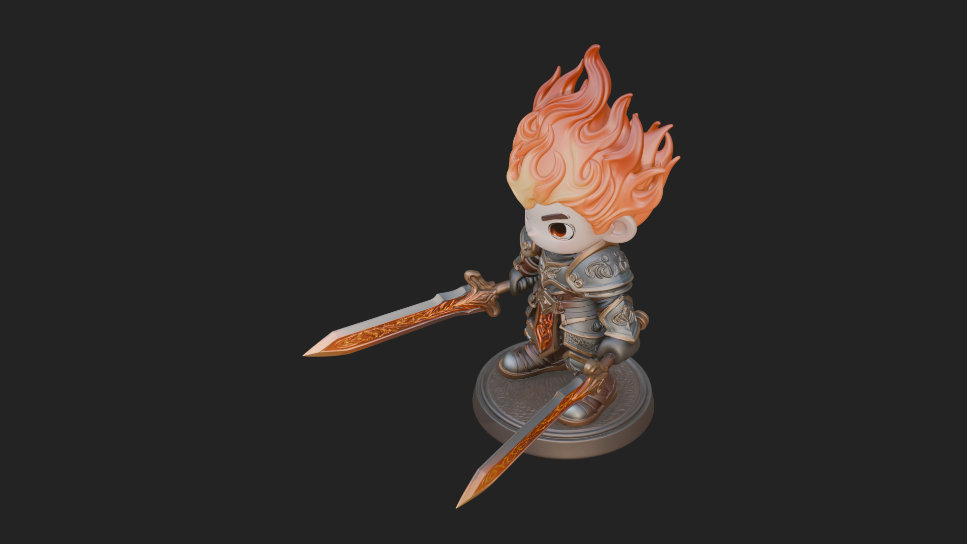Chibi Flame Hair Swordsman Statue Design 4 3D Print Model 3D Model