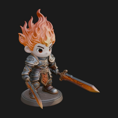 Chibi Flame Hair Swordsman Statue Design 4 3D Print Model