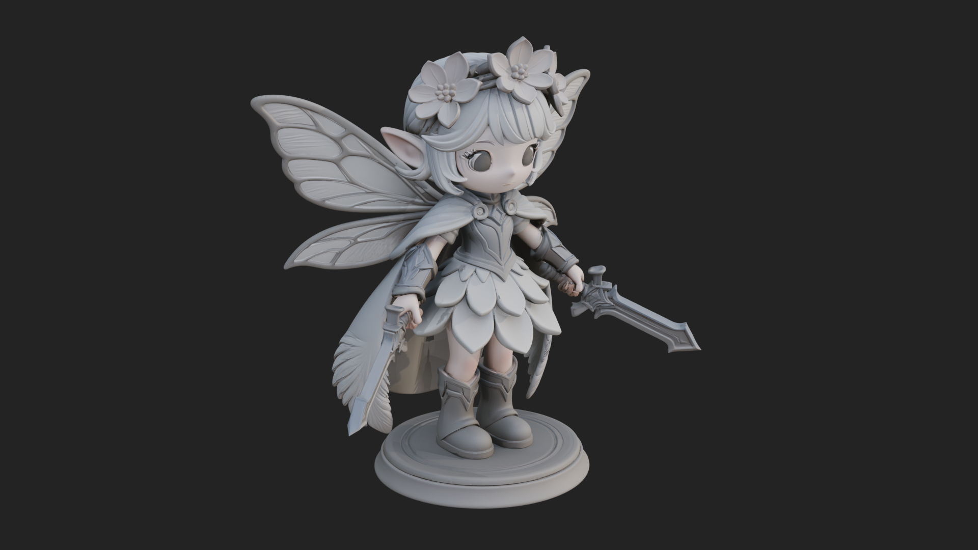 Chibi Flower Fairy With Sword Statue Design 1 3D Print Model 3D Model