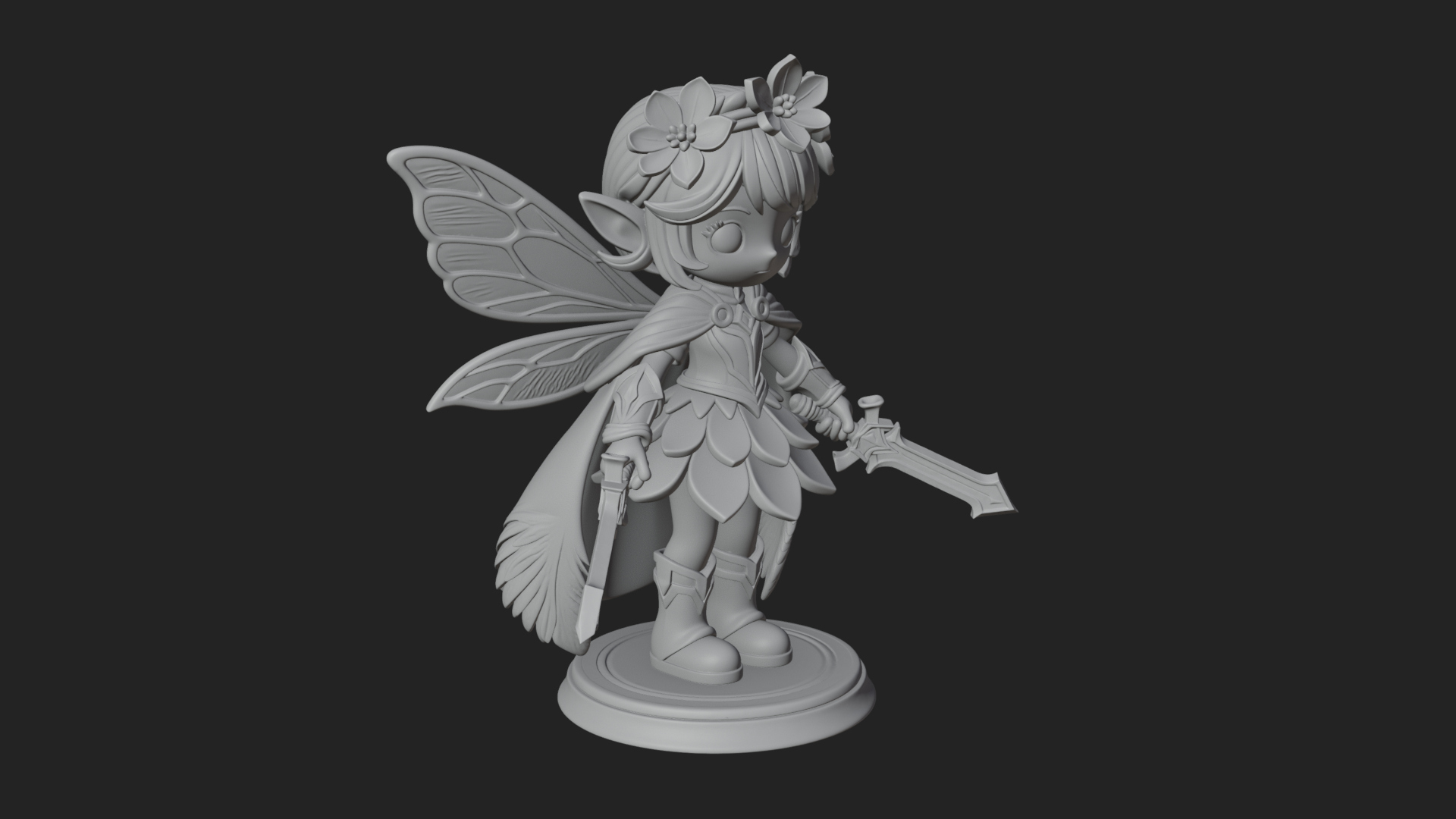 Chibi Flower Fairy With Sword Statue Design 1 3D Print Model 3D Model