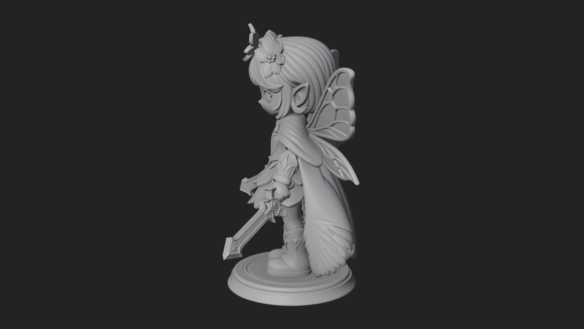 Chibi Flower Fairy With Sword Statue Design 1 3D Print Model 3D Model