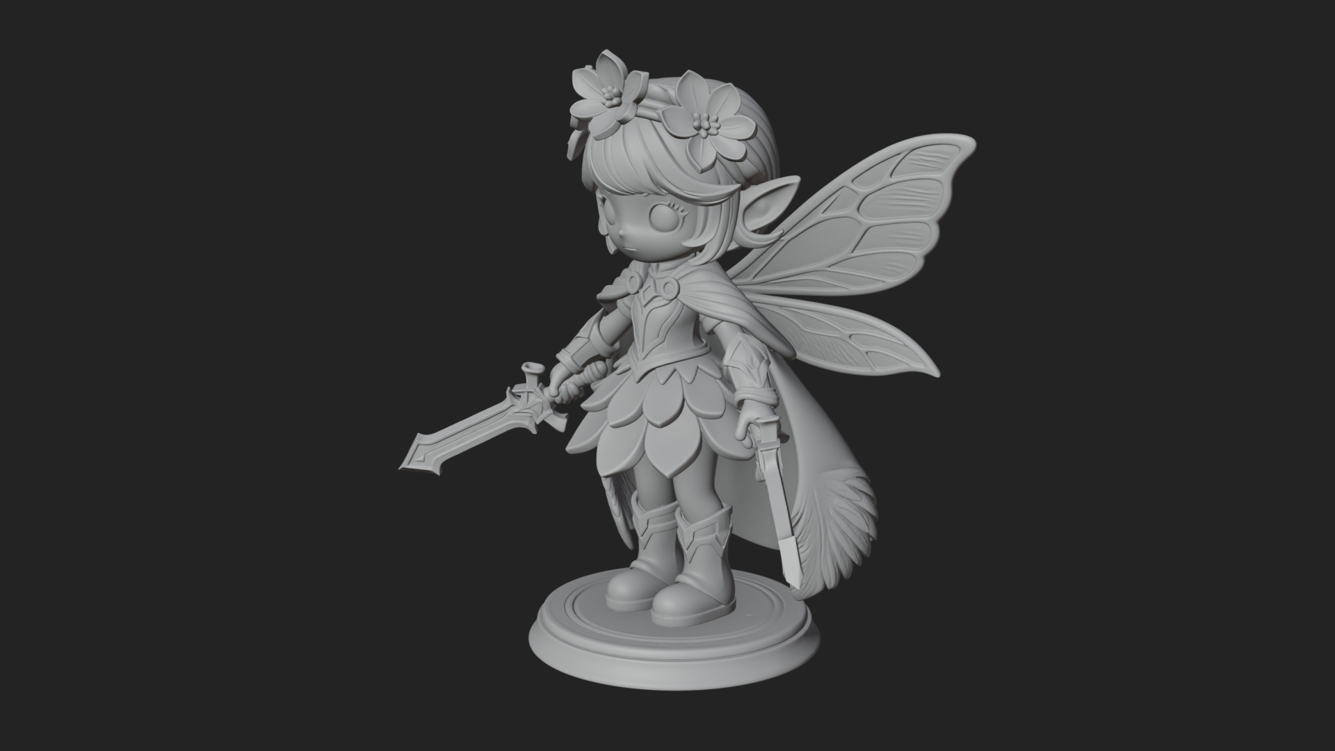Chibi Flower Fairy With Sword Statue Design 1 3D Print Model 3D Model