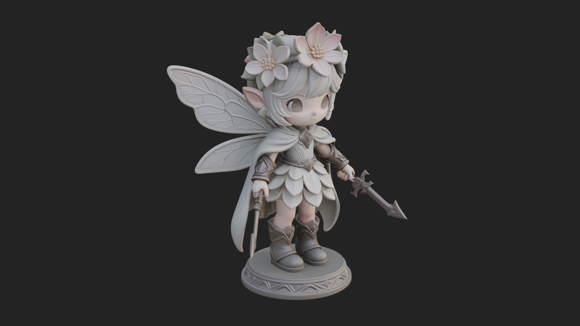 Chibi Flower Fairy With Sword Statue Design 2 3D Print Model 3D Model