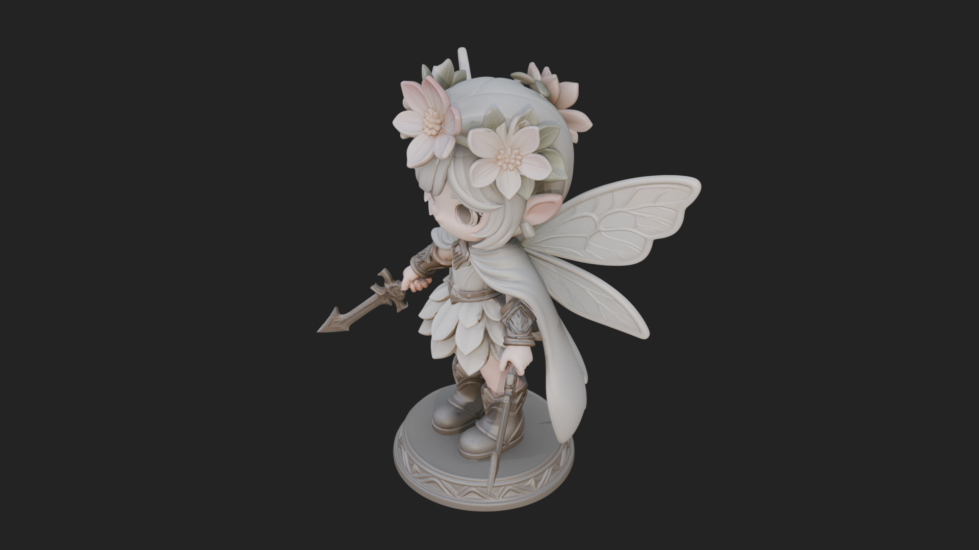 Chibi Flower Fairy With Sword Statue Design 2 3D Print Model 3D Model