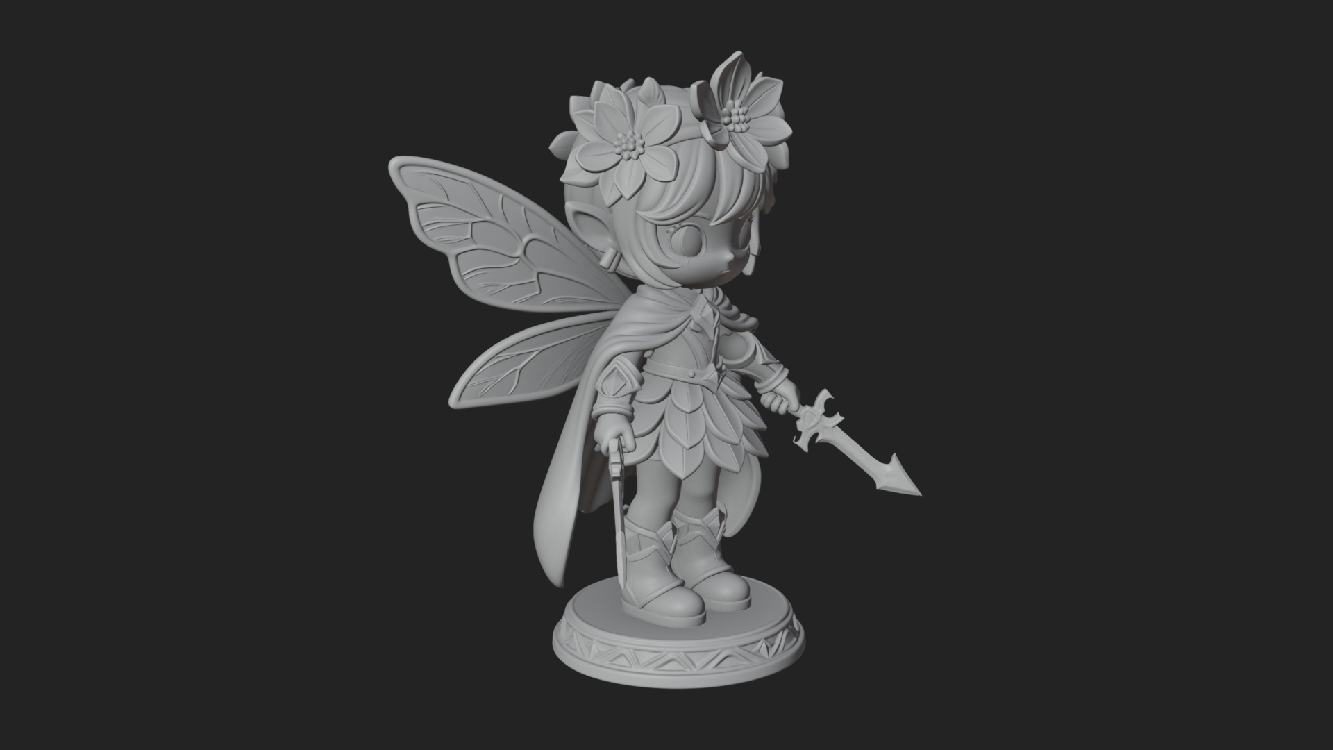 Chibi Flower Fairy With Sword Statue Design 2 3D Print Model 3D Model