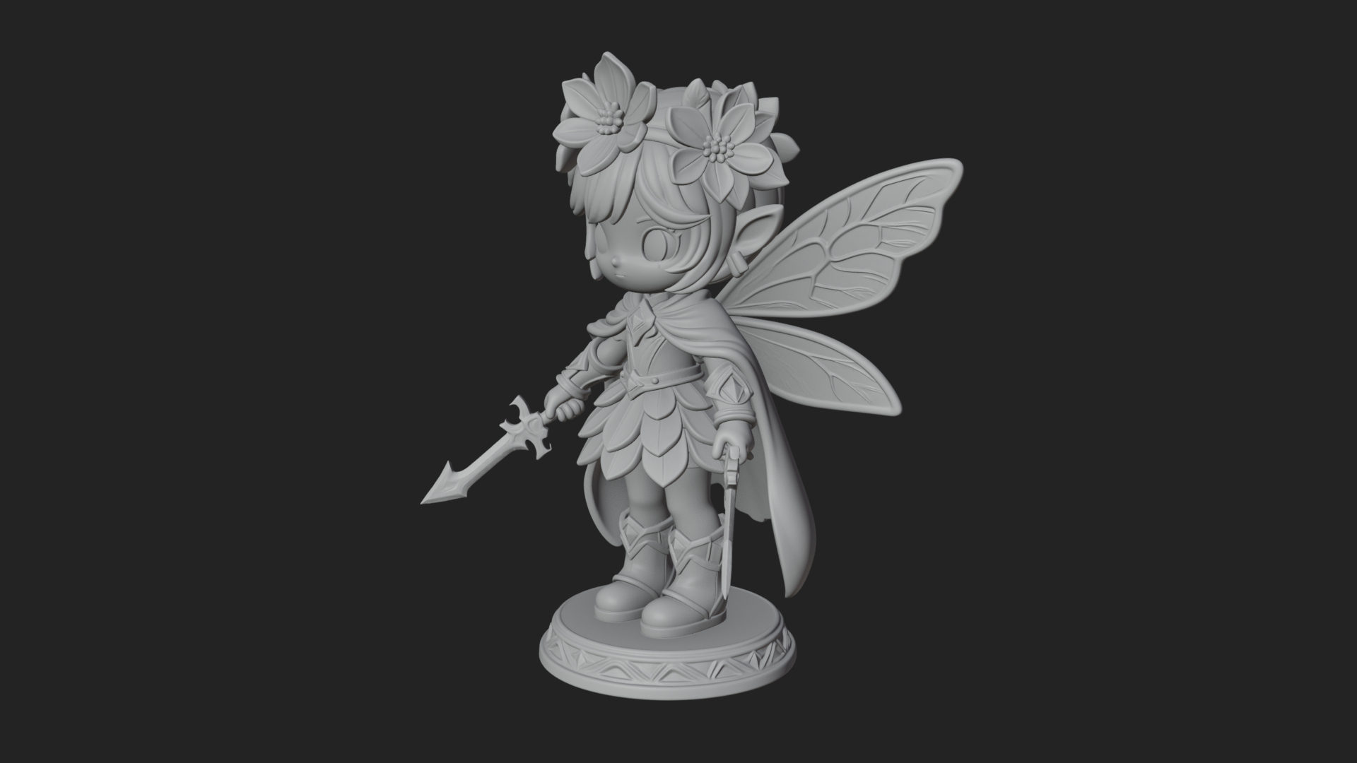 Chibi Flower Fairy With Sword Statue Design 2 3D Print Model 3D Model