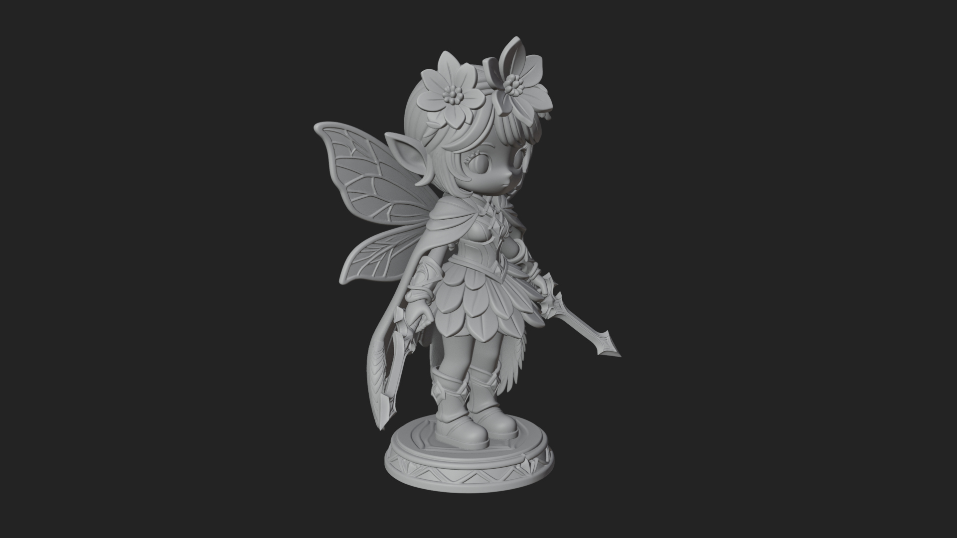 Chibi Flower Fairy With Sword Statue Design 3 3D Print Model 3D Model