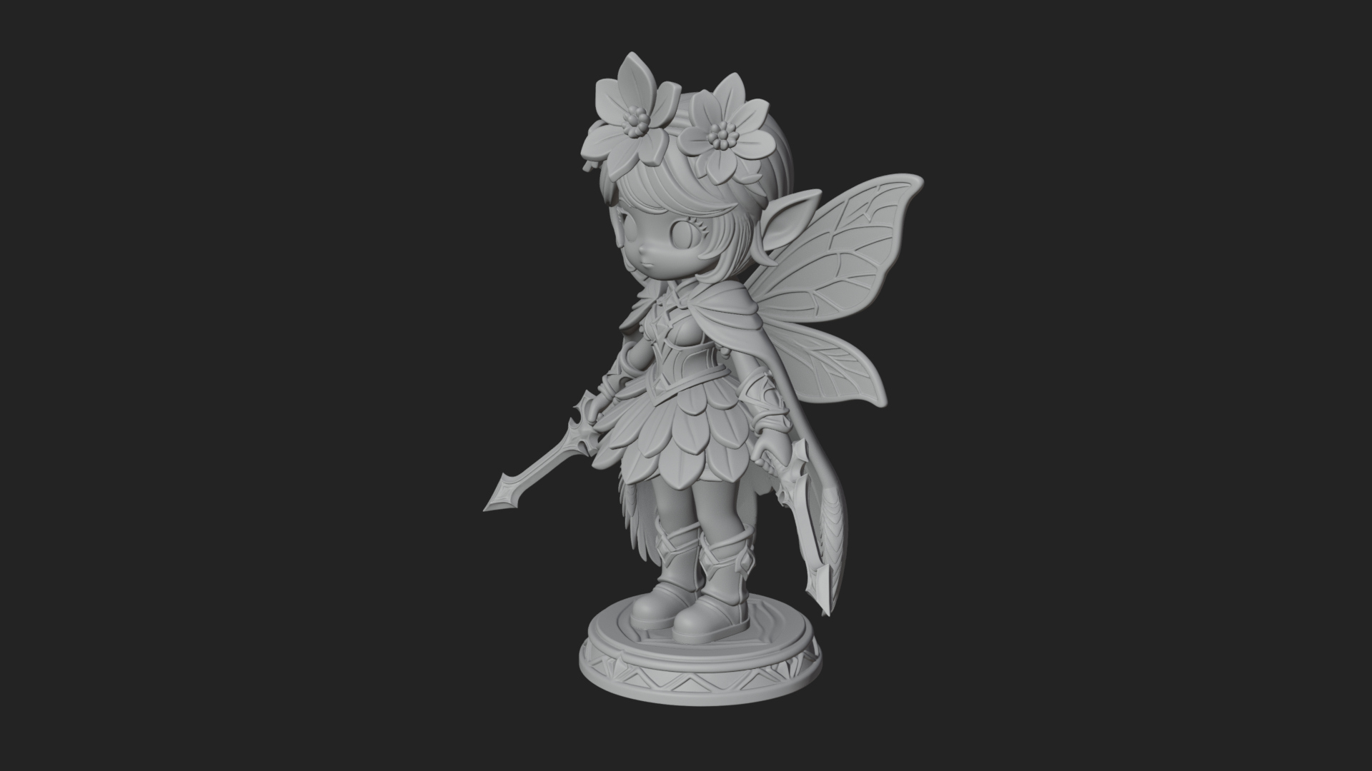 Chibi Flower Fairy With Sword Statue Design 3 3D Print Model 3D Model