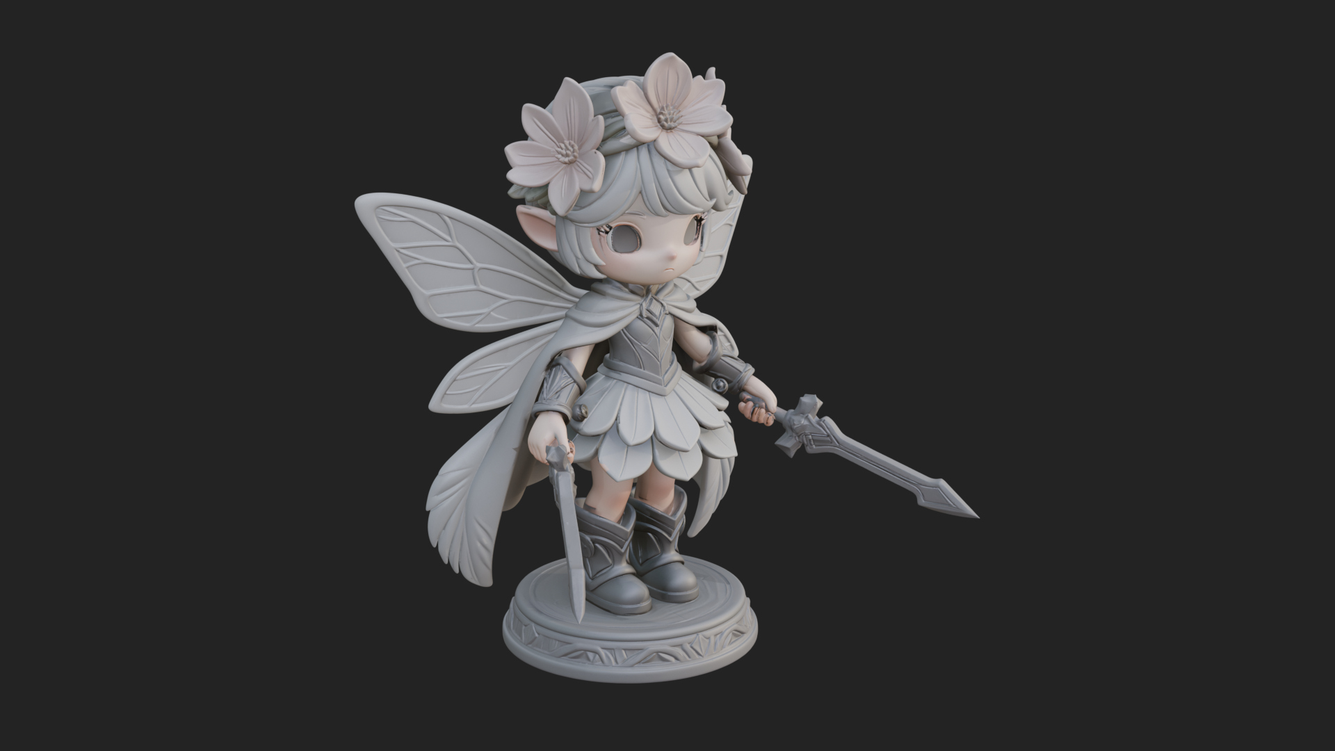 Chibi Flower Fairy With Sword Statue Design 4 3D Print Model 3D Model