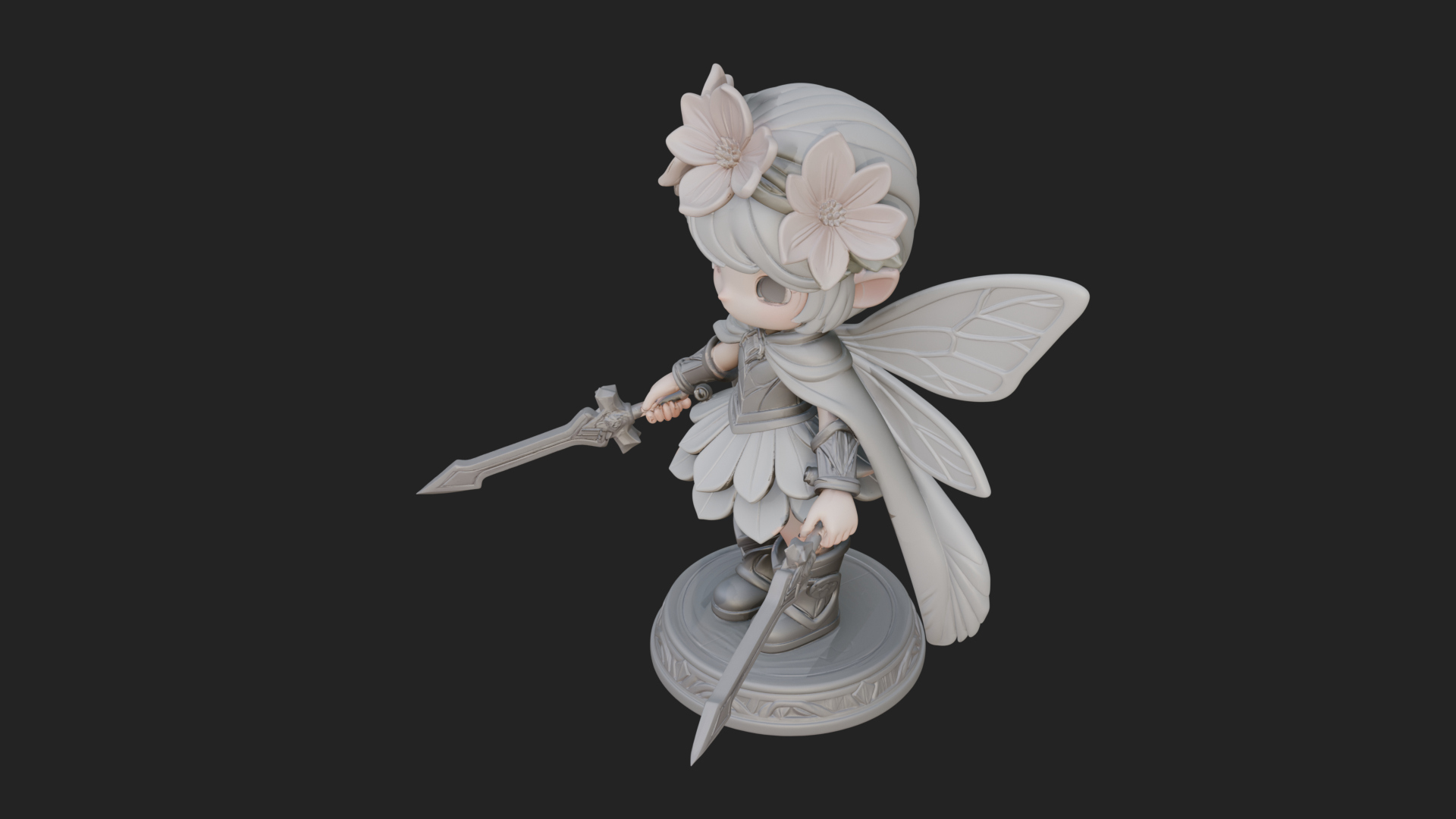 Chibi Flower Fairy With Sword Statue Design 4 3D Print Model 3D Model