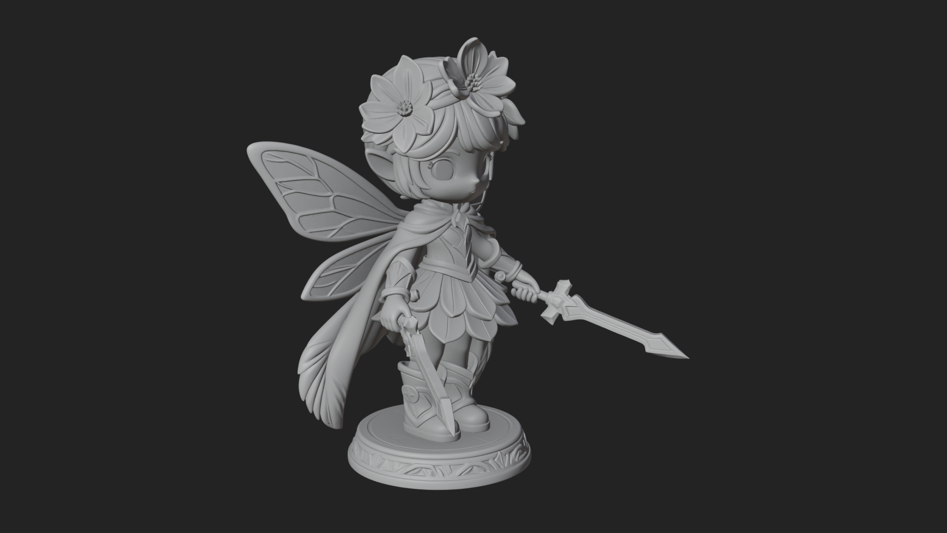 Chibi Flower Fairy With Sword Statue Design 4 3D Print Model 3D Model