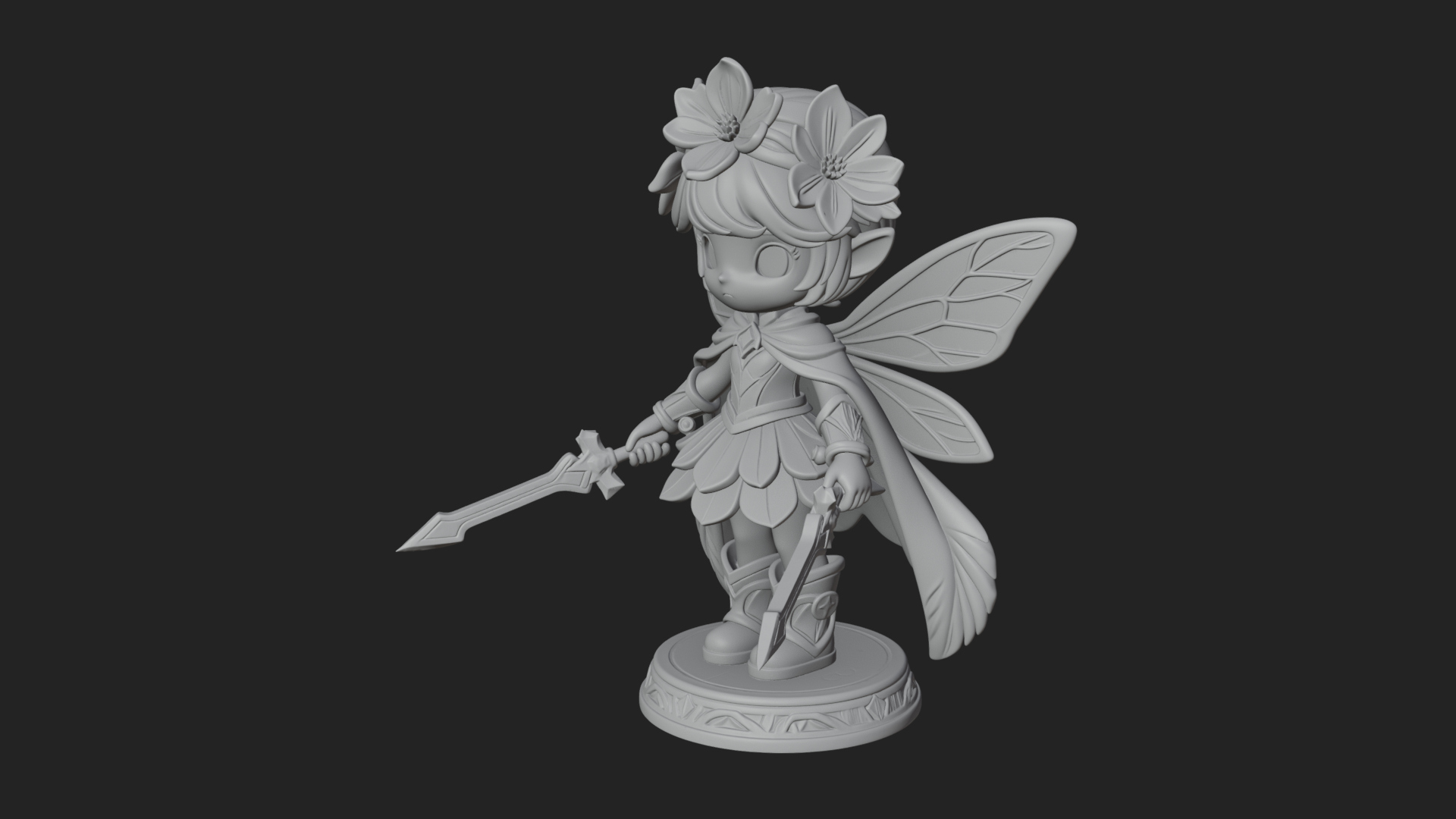 Chibi Flower Fairy With Sword Statue Design 4 3D Print Model 3D Model