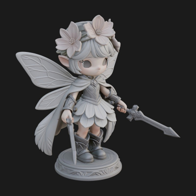 Chibi Flower Fairy With Sword Statue Design 4 3D Print Model