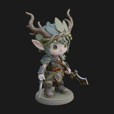 Chibi Forest Elf With Antlers Statue Design 1 3D Print Model