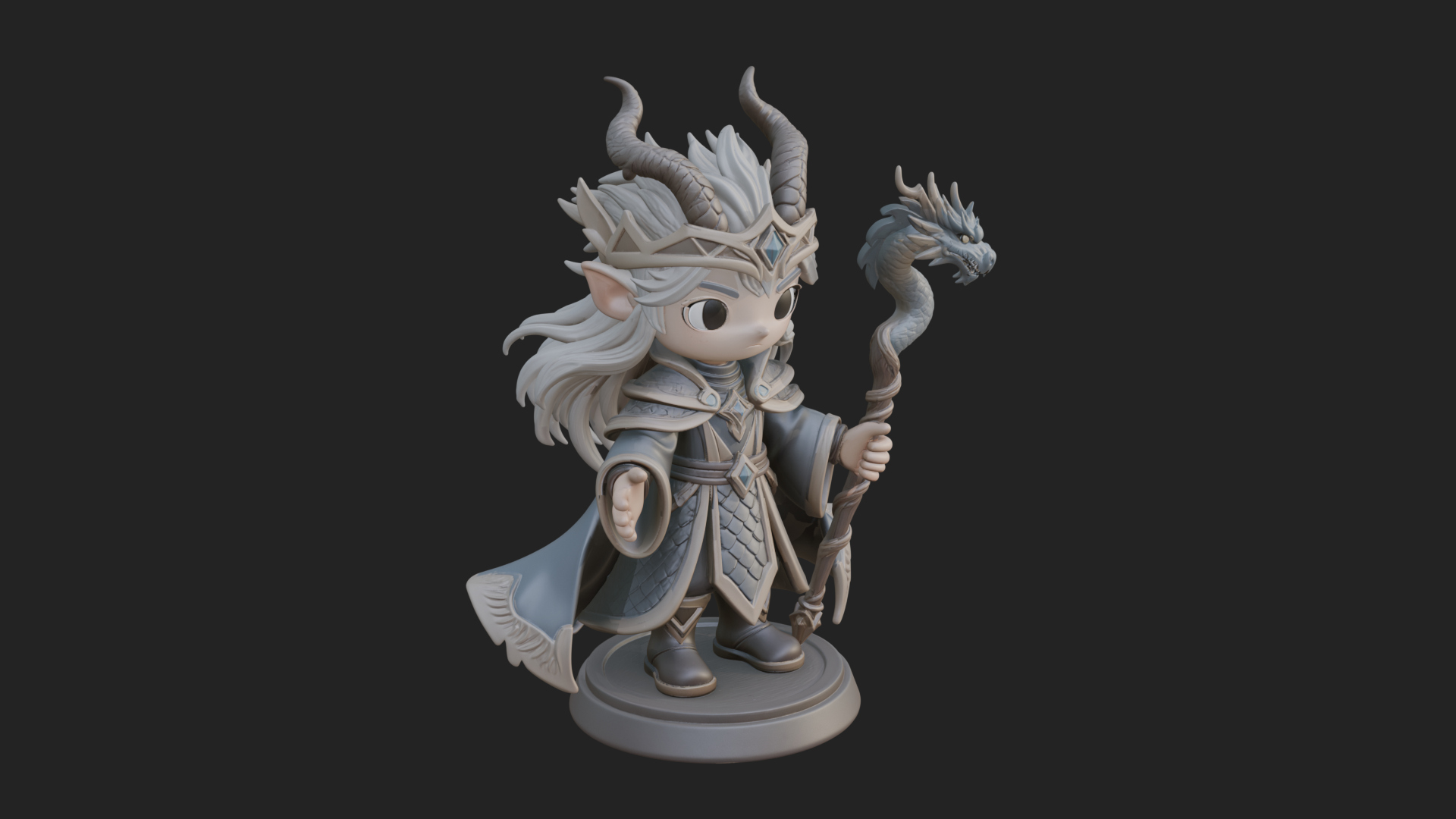 Chibi Horned Dragon Mage Statue Design 1 3D Print Model 3D Model