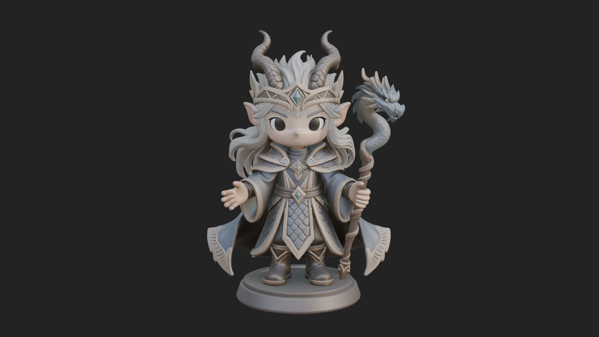Chibi Horned Dragon Mage Statue Design 1 3D Print Model 3D Model