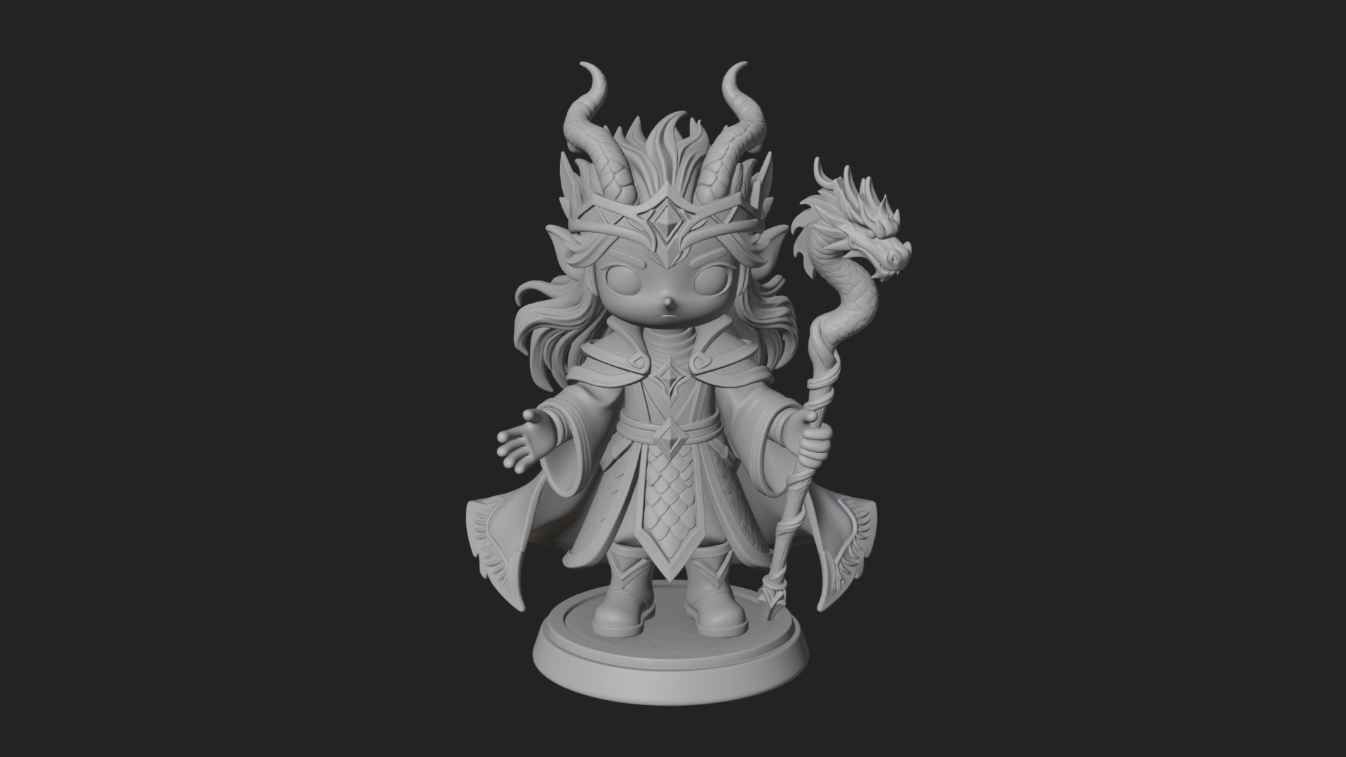 Chibi Horned Dragon Mage Statue Design 1 3D Print Model 3D Model