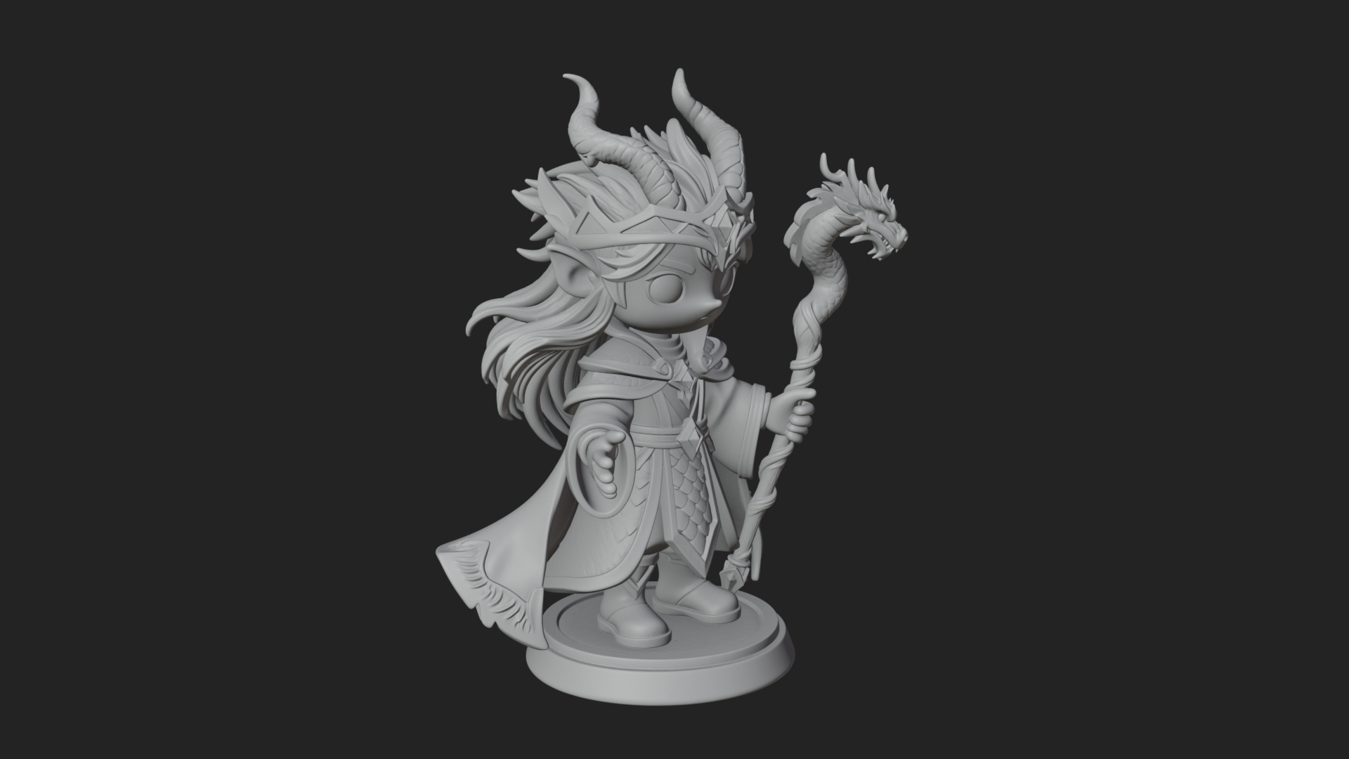 Chibi Horned Dragon Mage Statue Design 1 3D Print Model 3D Model