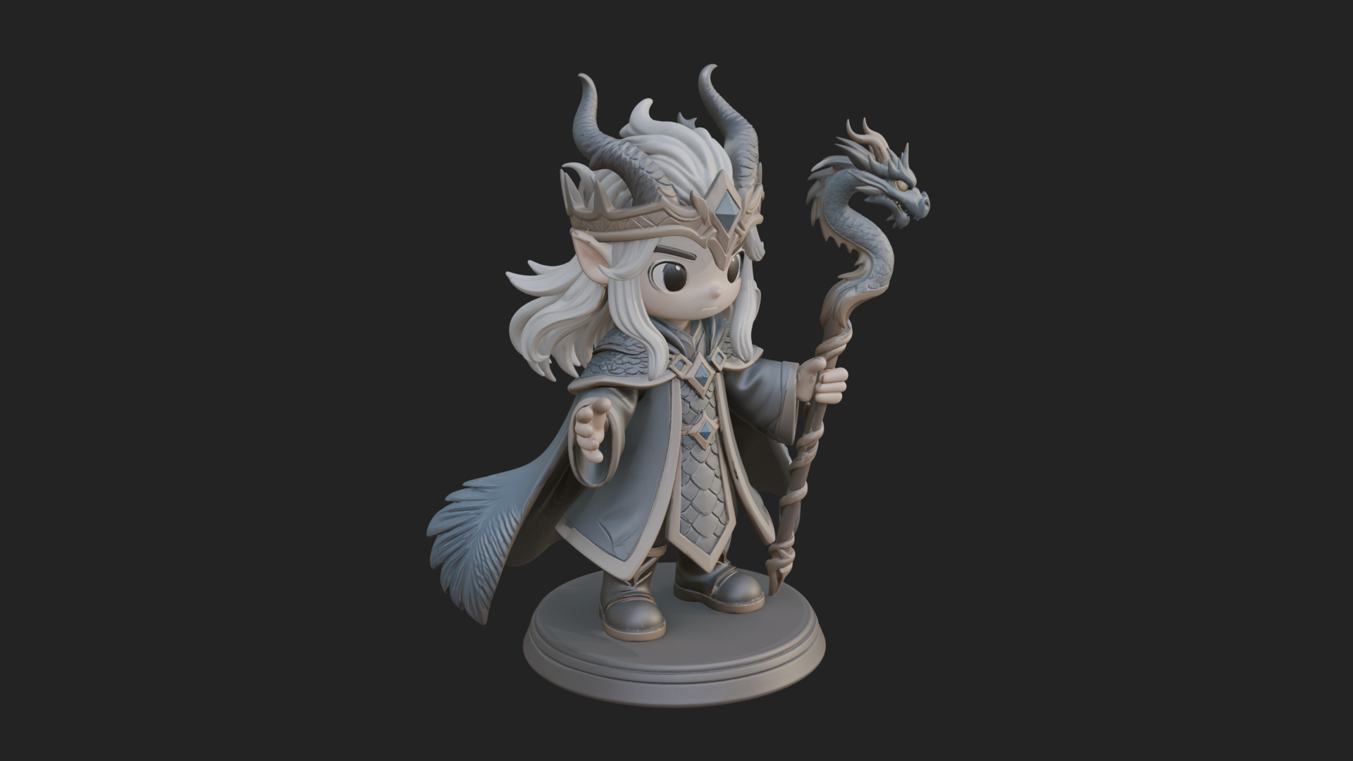Chibi Horned Dragon Mage Statue Design 2 3D Print Model 3D Model