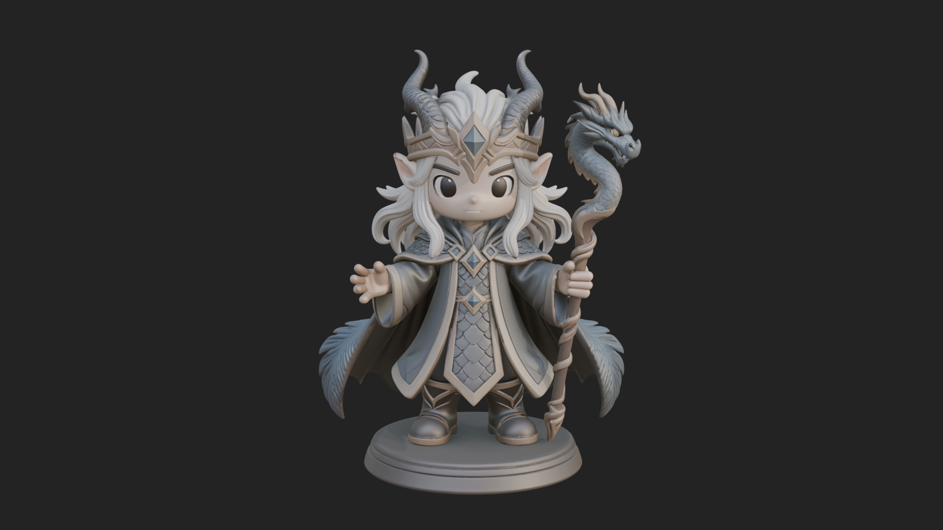 Chibi Horned Dragon Mage Statue Design 2 3D Print Model 3D Model