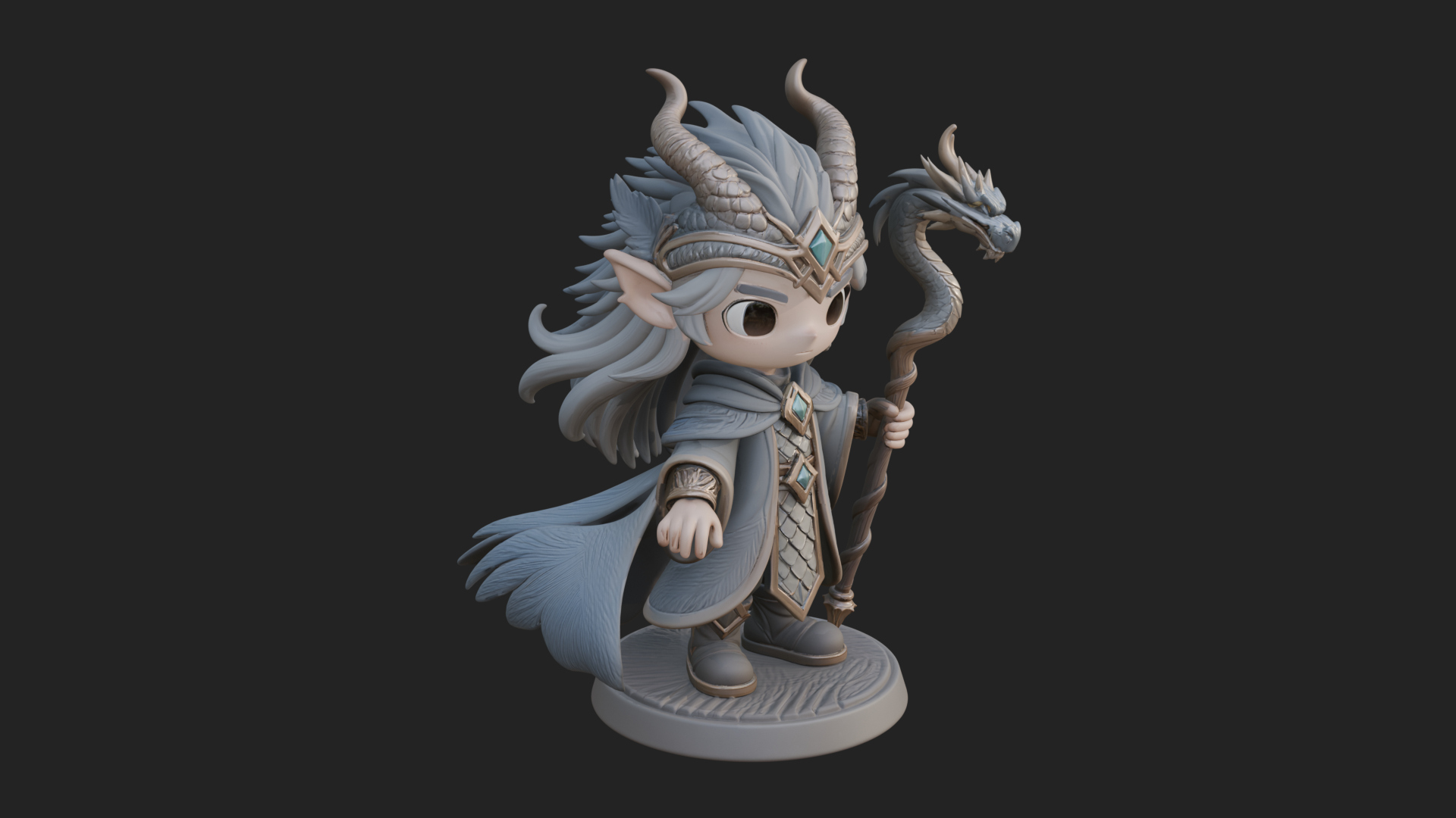 Chibi Horned Dragon Mage Statue Design 3 3D Print Model 3D Model