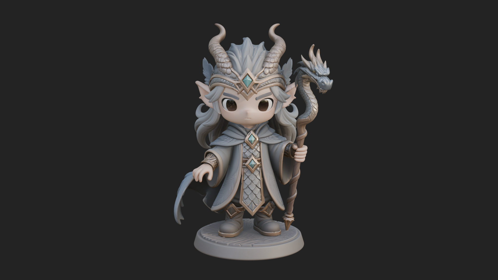 Chibi Horned Dragon Mage Statue Design 3 3D Print Model 3D Model