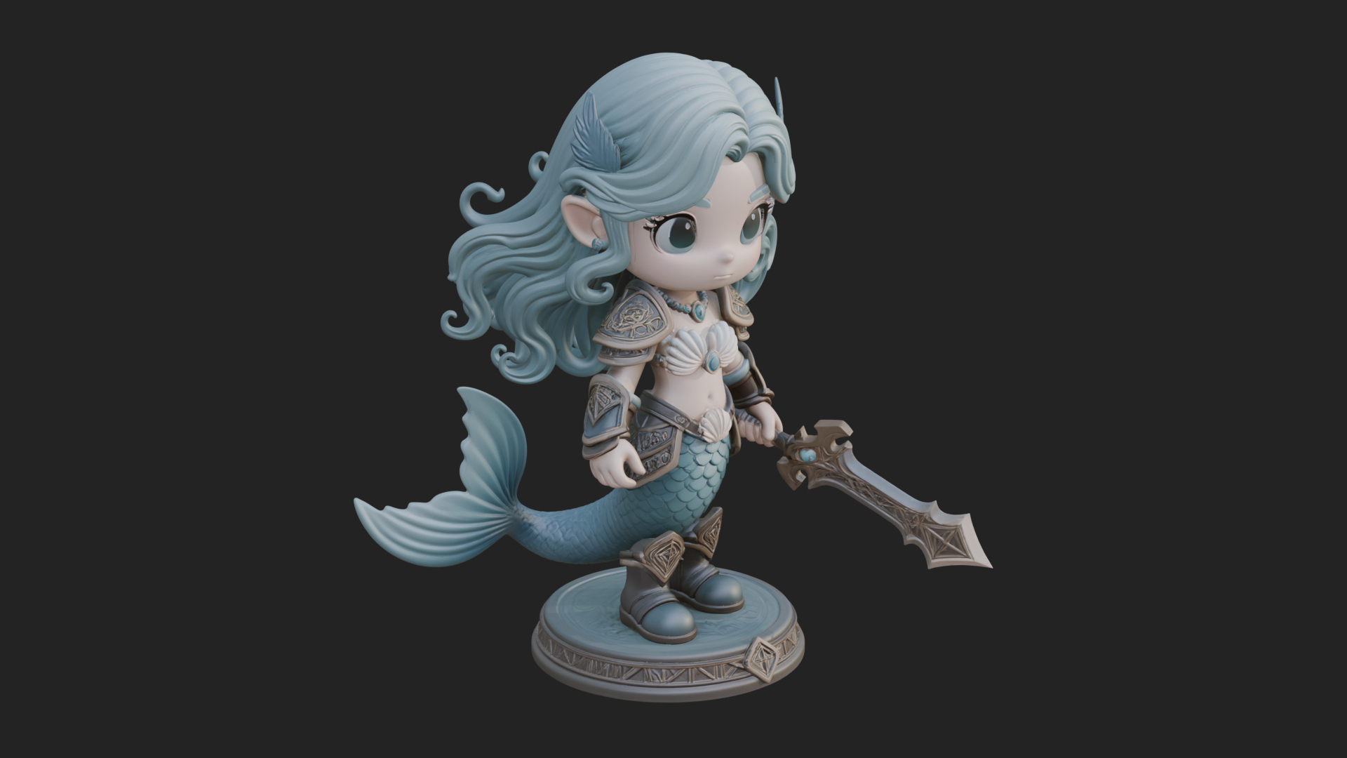 Chibi Mermaid with Sword Statue Design 1 3D Print Model 3D Model