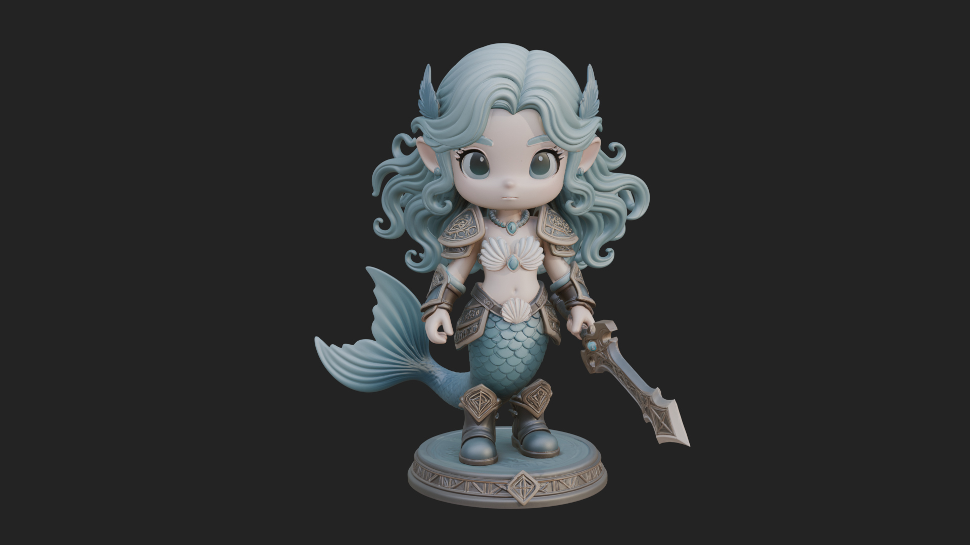 Chibi Mermaid with Sword Statue Design 1 3D Print Model 3D Model