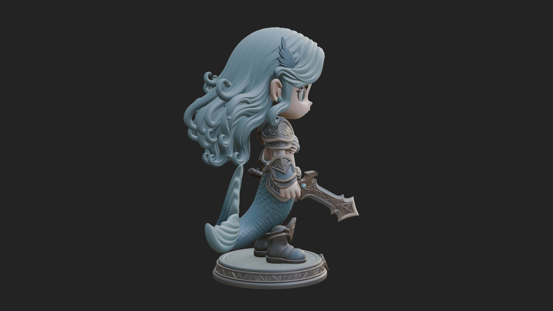 Chibi Mermaid with Sword Statue Design 1 3D Print Model 3D Model