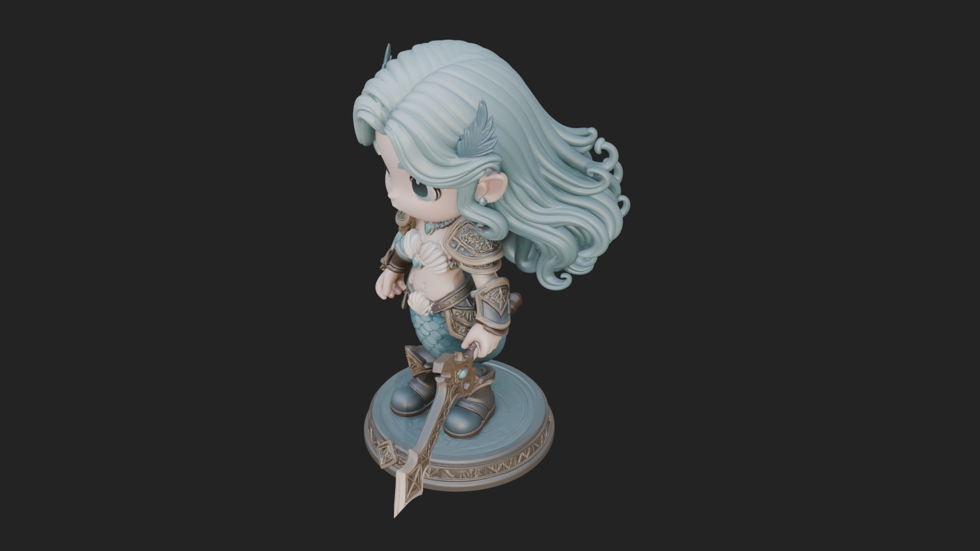 Chibi Mermaid with Sword Statue Design 1 3D Print Model 3D Model