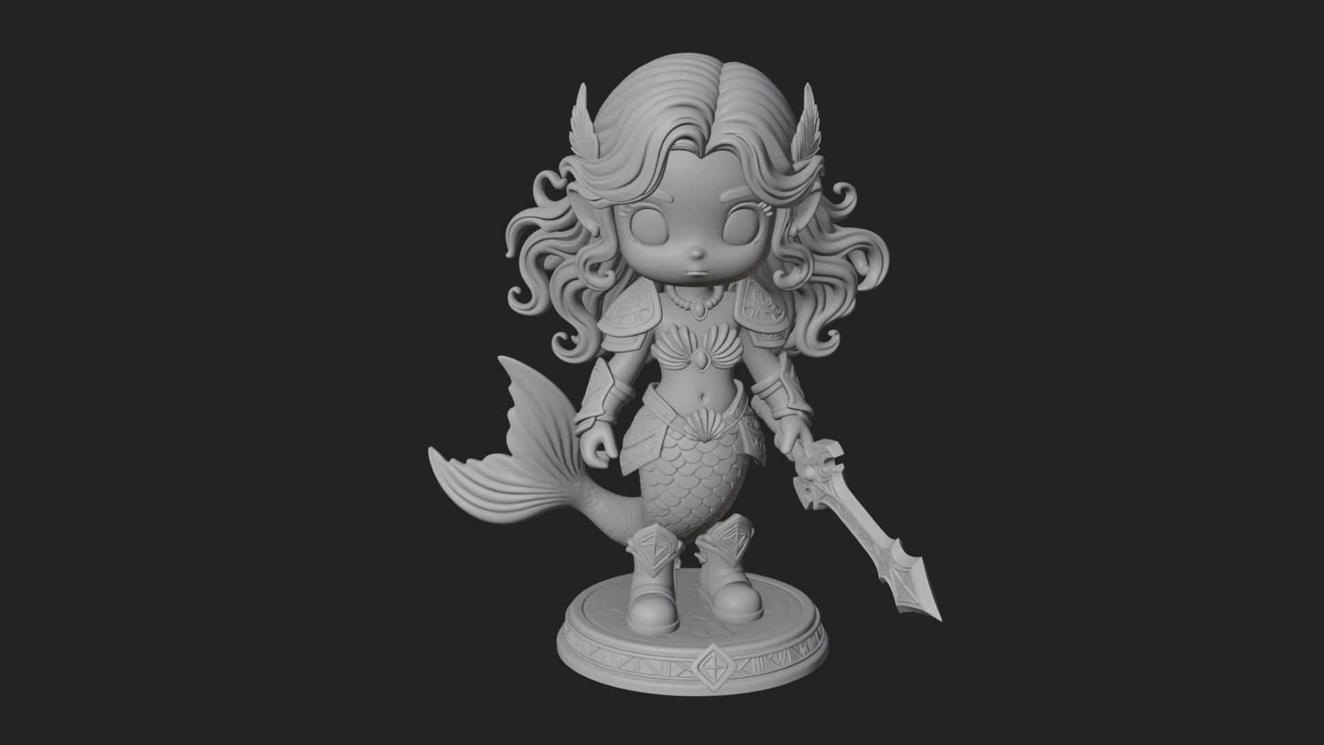 Chibi Mermaid with Sword Statue Design 1 3D Print Model 3D Model