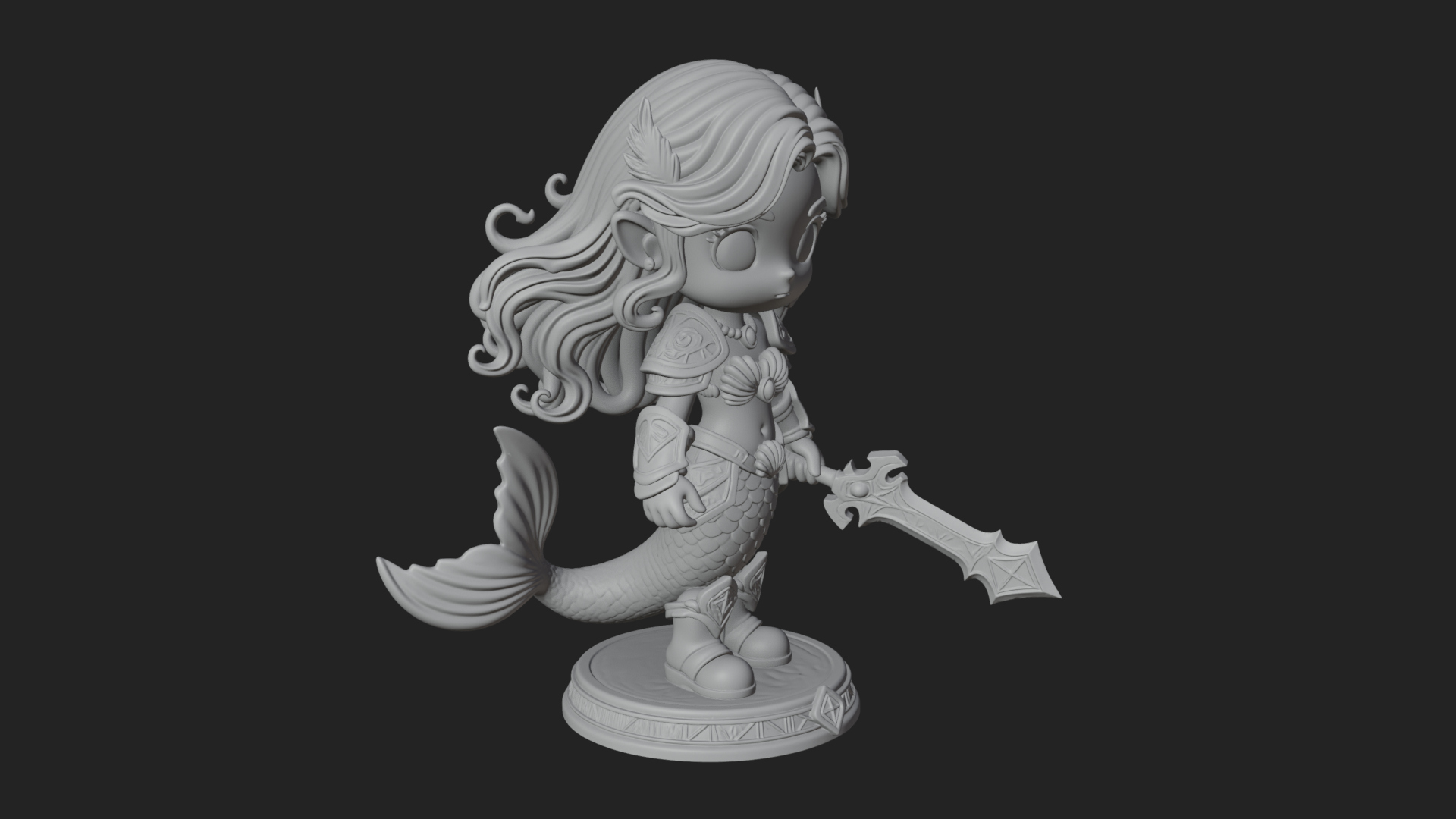 Chibi Mermaid with Sword Statue Design 1 3D Print Model 3D Model