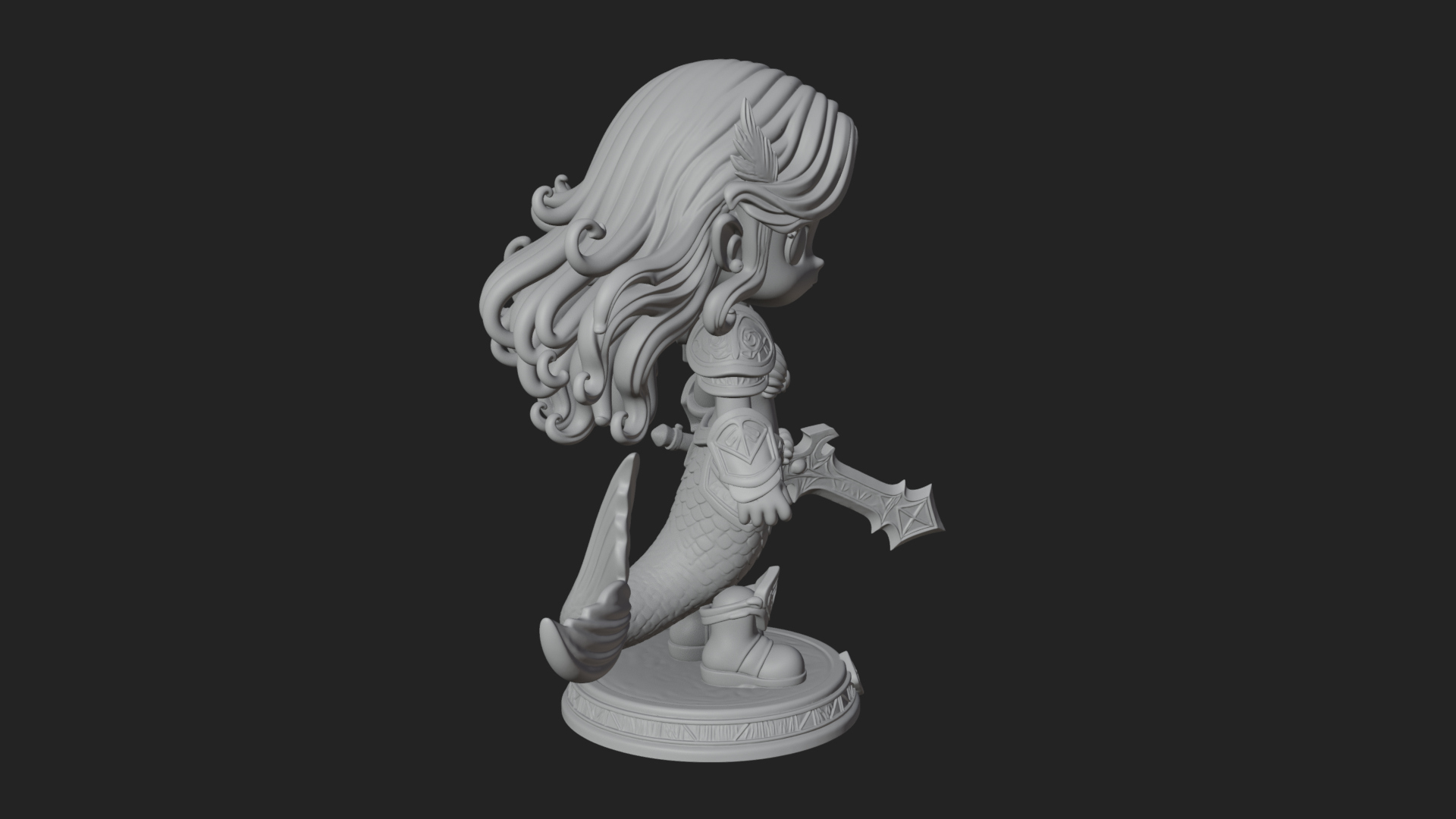 Chibi Mermaid with Sword Statue Design 1 3D Print Model 3D Model